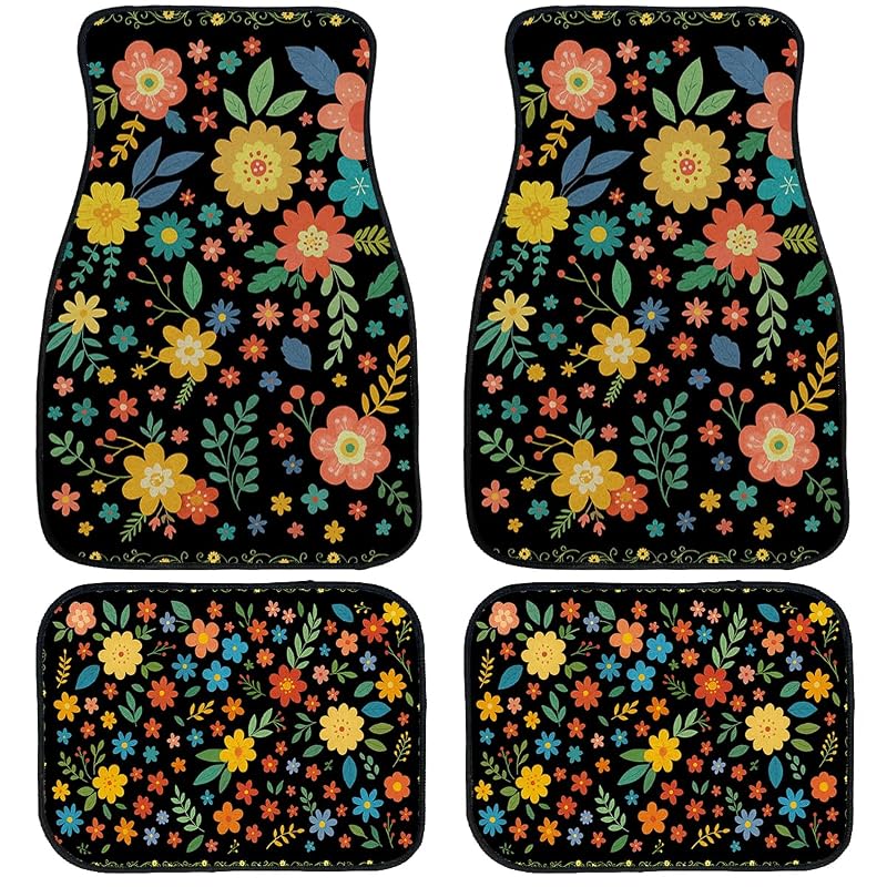 Tapetes automotivos florais coloridos Boho em poliéster com base antiderrapante XMYSILZ para carros, SUVs, caminhões e vans, conjunto com 4 peças