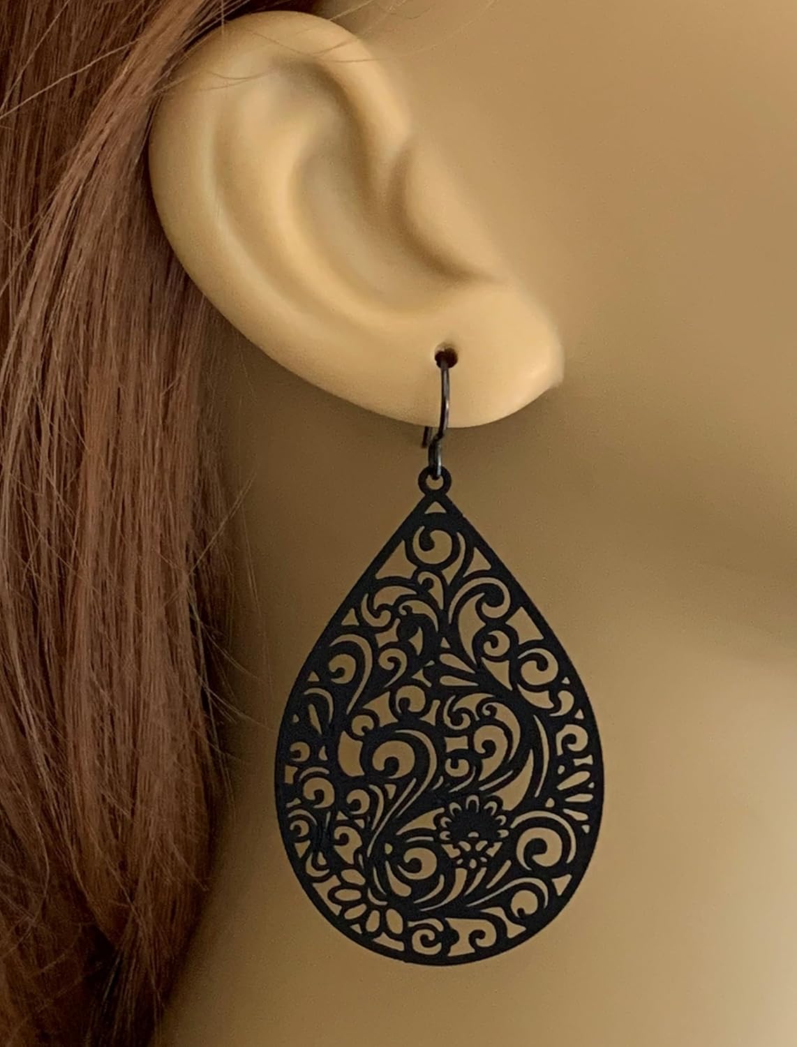 Black Filigree Earrings for Women on Hypoallergenic Niobium Wires Handmade in USA by Darlene's Gift Shop