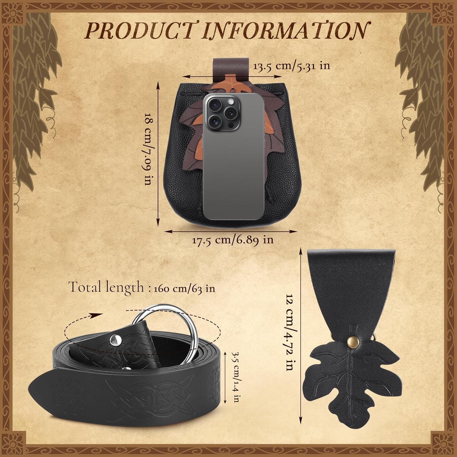 Women Renaissance Accessories Leather Belt Pouch Medieval Viking Skirt Hikes Renaissance Leaf Cosplay for Halloween - Image 2