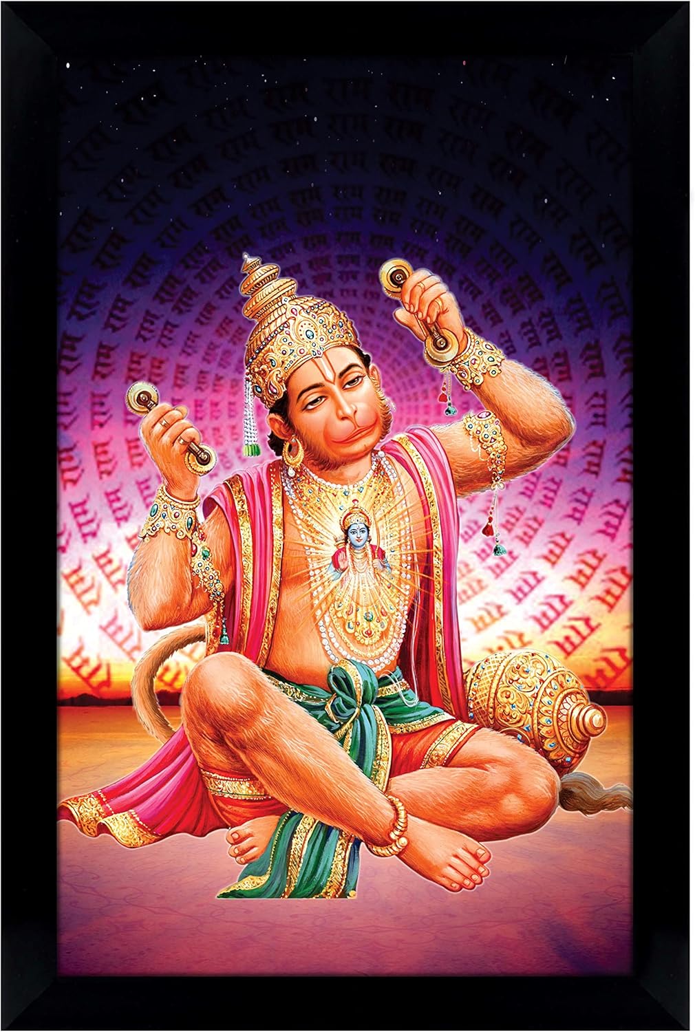 Lord Hanuman Reciting Sita Ram Poster With Frame Religious Poster Black Wall Frame Deity Photo Frame Wall Decor For Home/Office/Temple-12 x 18 Inches