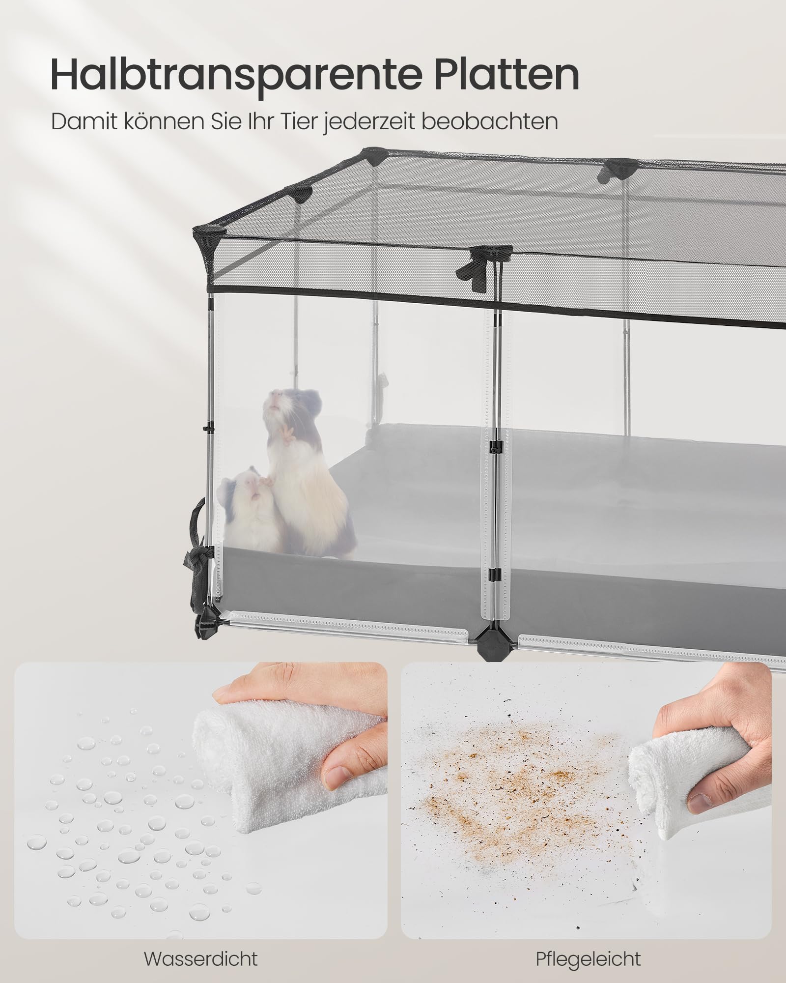 SONGMICS Kleintiergehege, halbtransparente Platten, atmungsaktiv, wasserresistentes Gewebe unten, Kaninchenstall innen, Meerschweinchen Käfig, Frettchen, 144 x 74 x 47 cm, wolkenweiß LPC015W01