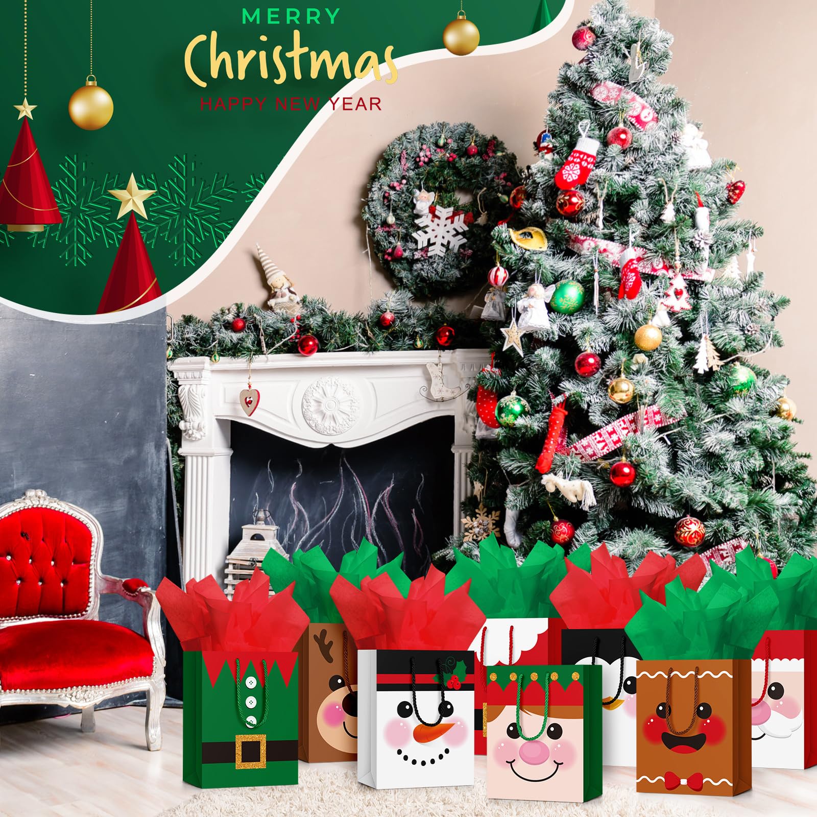 Cholemy 16 bolsas de regalo de Navidad de grosor medio con papel de seda, bolsas de papel kraft de Navidad con asas para envolver regalos de Navidad, suministros de fiesta de vacaciones, 10 x 8 x 4.4