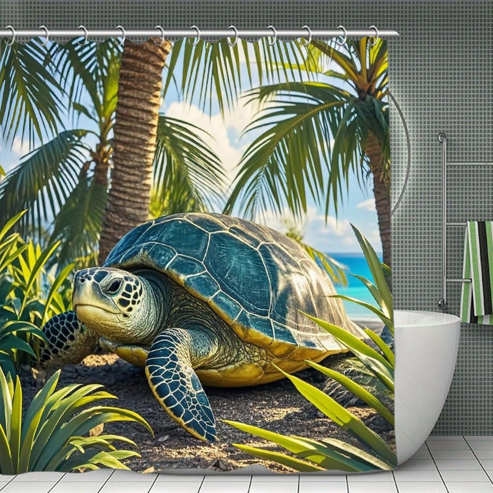 FekiLoot Big Turtle and Palm Trees Shower Curtain with Hooks Modern Farmhouse Bathroom Curtain Waterproof Cloth Bath Curtains Cute Washable Blackout Privacy Curtains for Bathroom Bathtub 70.8"x70.8"