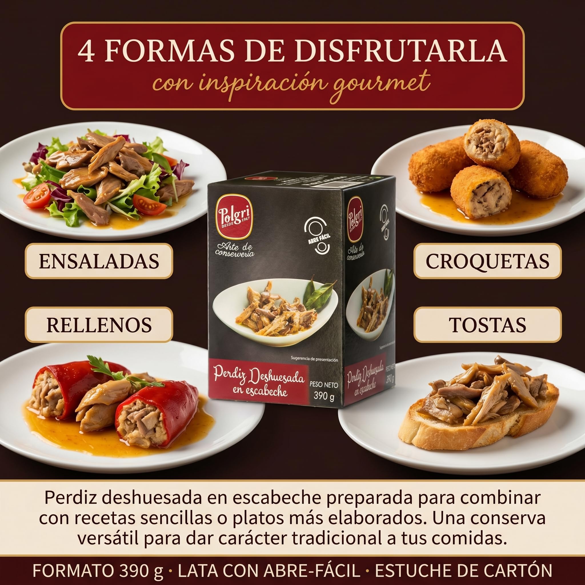 POLGRI Perdiz Deshuesada en Escabeche 390 g Lata Conserva Gourmet Carne de Caza Aperitivo Artesano Receta Manchega Tradicional 50% Carne Real Desde 1967