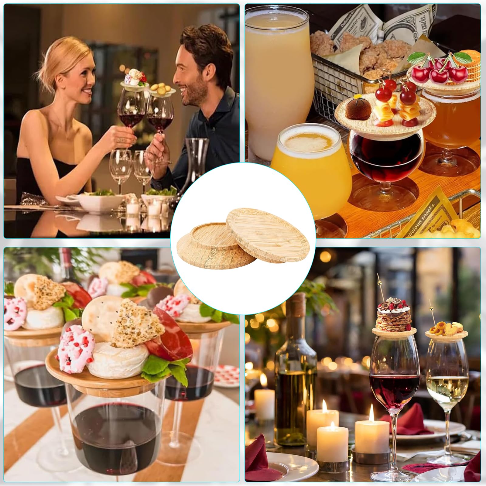 Tapas de Madera, 8 Piezas Tapas para Copas de Vino, Cubrecopas de Madera para Vino, Redondo, Adornos de Madera para Copas de Vino, para Postres, Bebidas, Cenas Familiares y Fiestas