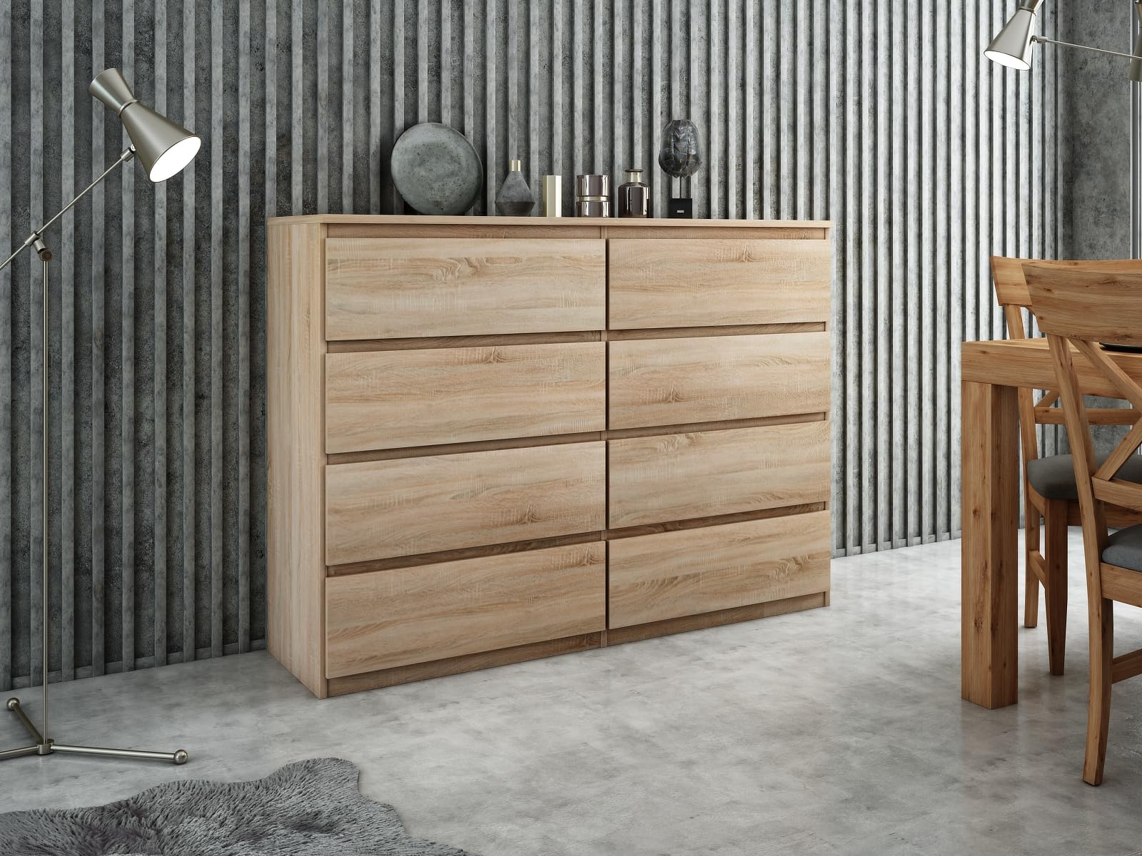 meble masztalerz Komoda Dąb Sonoma Mat z 8 szufladami - 120x101,5x39 cm - Komoda do salonu, sypialni - Szafka z szufladami - Komoda z szufladami - 120 cm | Szafa komodowa 120 x 101, 5 x 39 cm, nowoczesna szafa z szufladami, kredens do salonu, przedpokoju