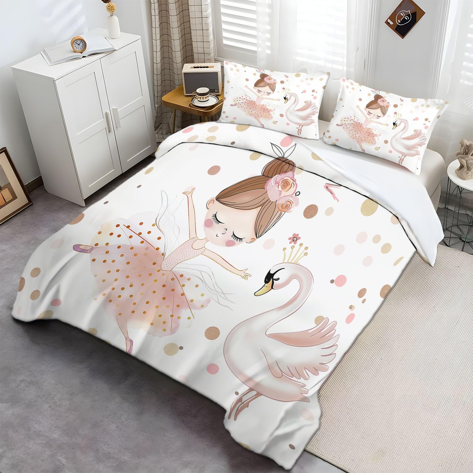 Juego de Funda Nórdica 3 Piezas Infantil para Cama 90 Caricatura Bailarina Cisne Juego de Funda de edredón 150x200 cm, Fundas de Cama de Polialgodón Suave Fundas Nórdicas