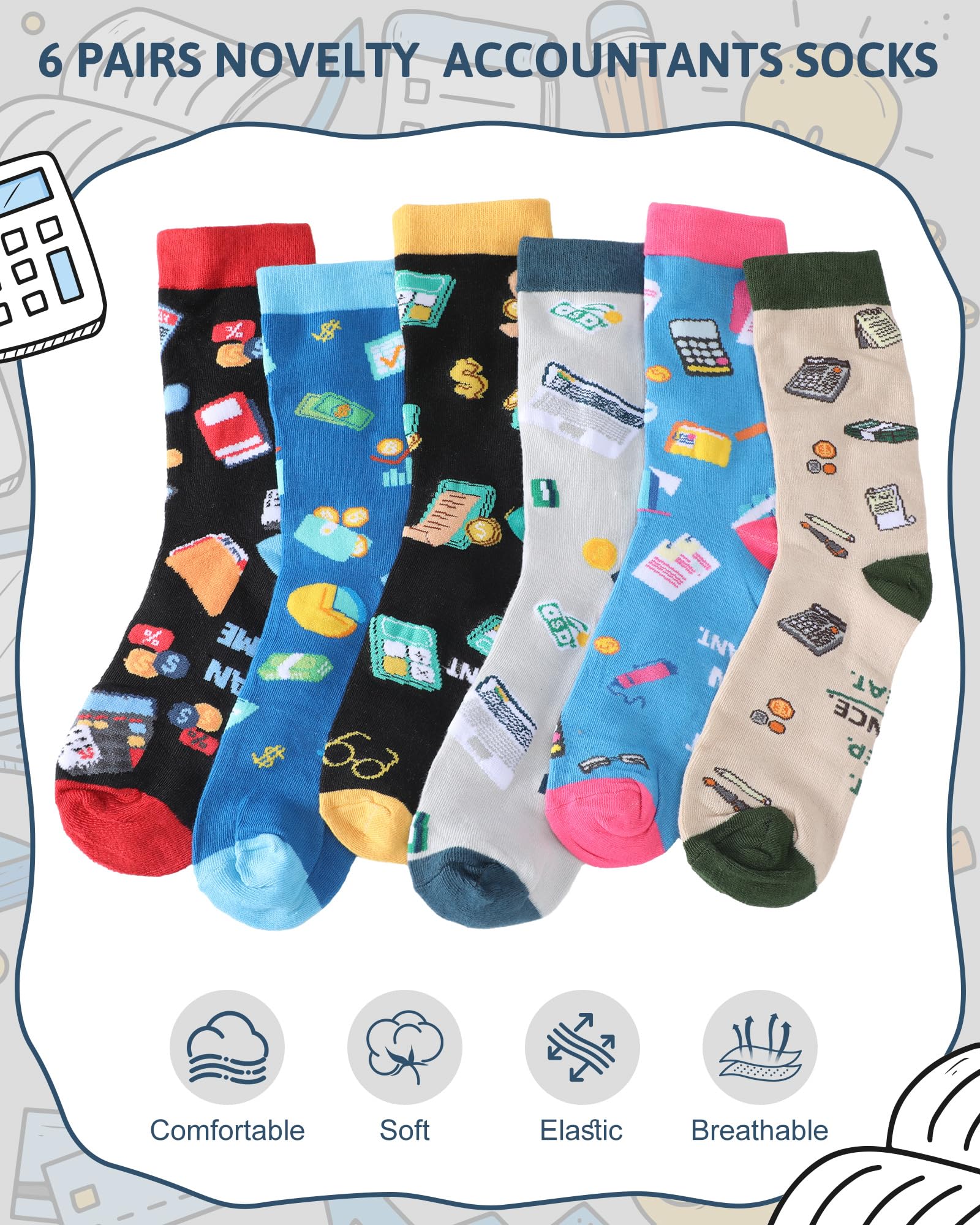 Berlune 6 Pairs Novelty Accountant Graduation Gifts for Women Men Funny Tax Accountants Cpa Graduate Finance Socks for Auditors Accounting Professionals Students