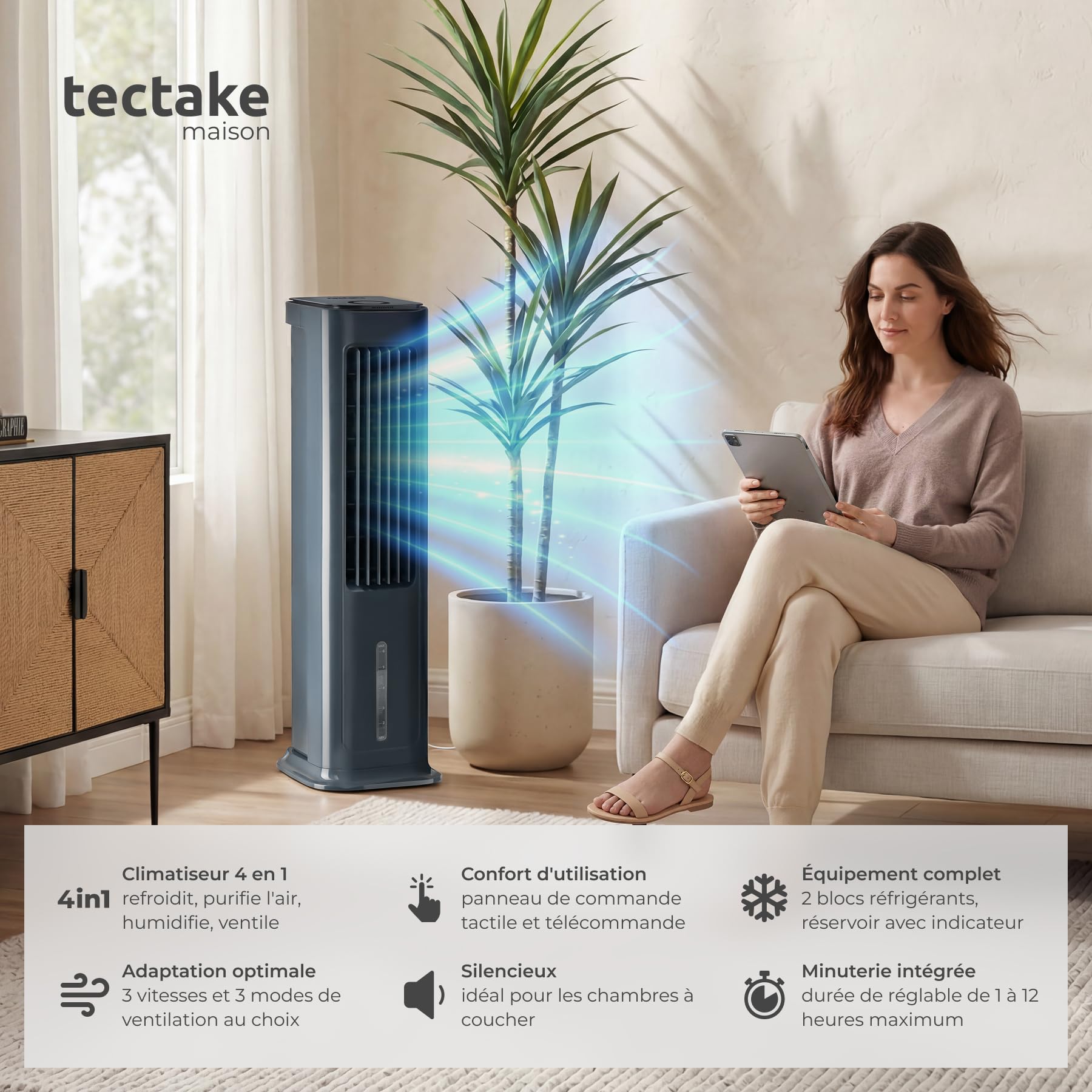 tectake® Rafraichisseur d'air 4-en-1, Refroidisseur Portable, Ventilateur, Humidificateur, Purificateur d'air HEPA, Réservoir 5 L, 3 Modes, 3 vitesses, Oscillation, Minuterie 12H, Silencieux, Gris