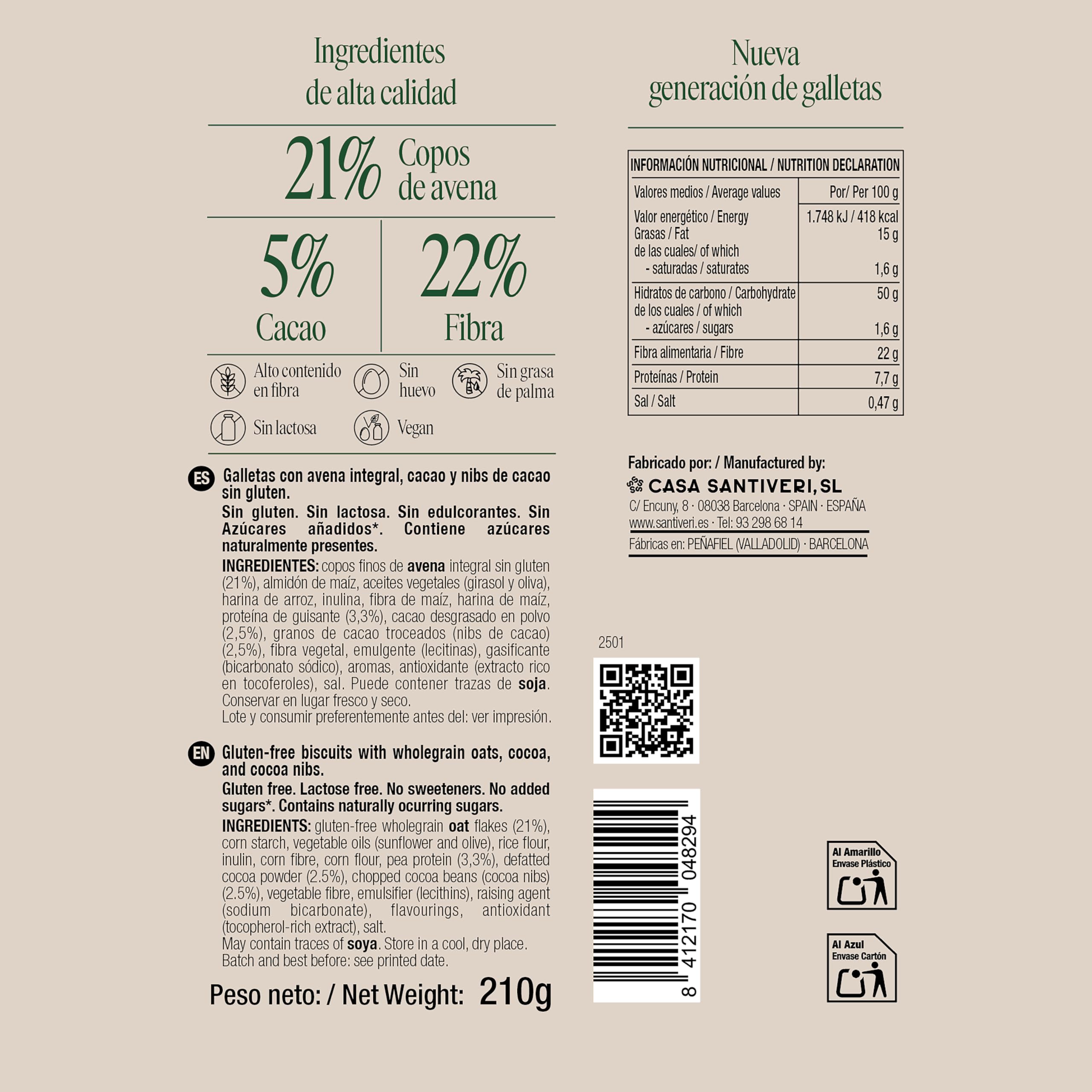 SANTIVERI Galletas Nibs Cacao Triple Zero, Galletas Crujientes con Avena Integral y Cacao, Altas en Fibra, Sin Azúcar Añadido, Vegano - 210 g