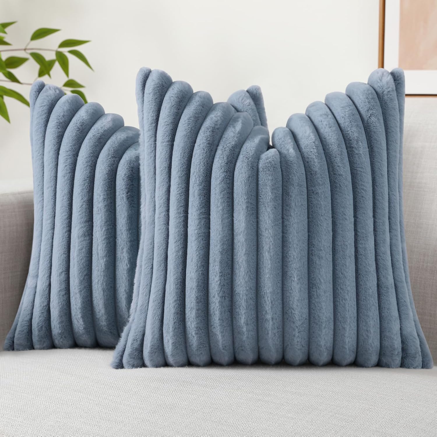 decoruhome faux fur throw pillow covers 18x18 set of 2, decorative soft plush striped neutral couch pillow covers with velvet back for sofa, bed, living room home decor, grey blue 18" x 18" (pack of 2) grey blue