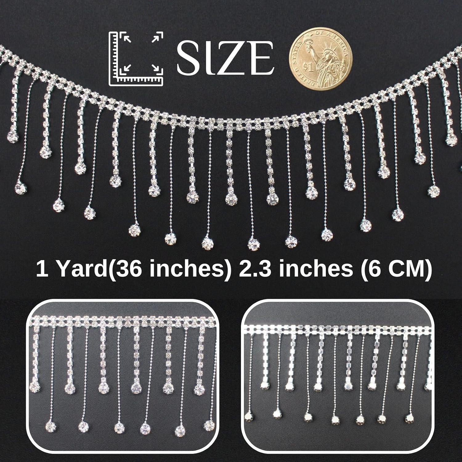PEARLY JUN 1 Yars Silver Rhinestone Fringe Trim Chain Crystal Tassel