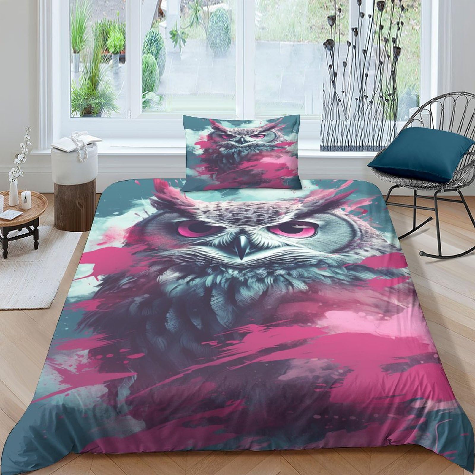 Funda nórdica de búho 3D con cremallera y funda de almohada juego de cama de microfibra de 3 piezas