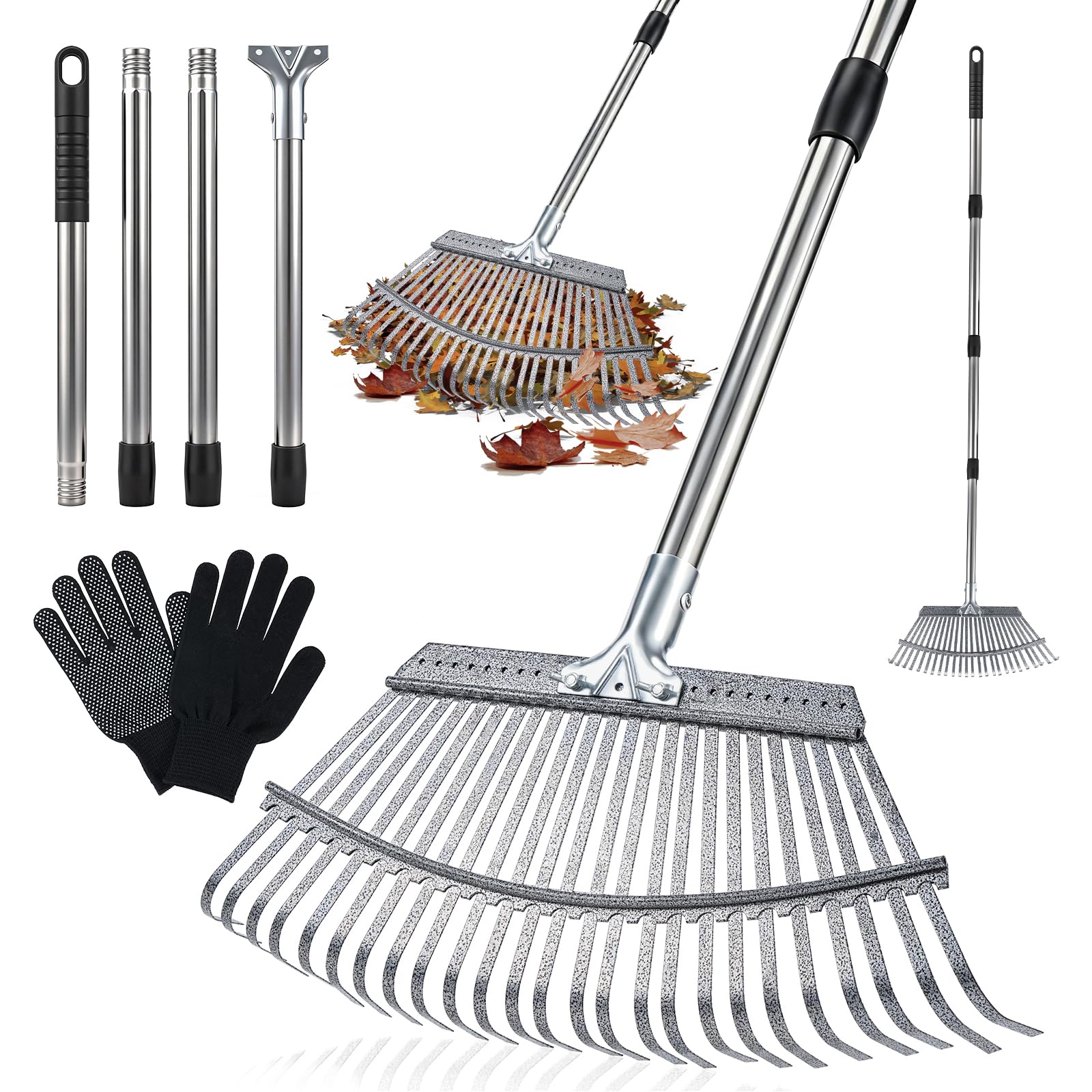 Garden Rake Heavy Duty with 25 Metal Tines, 17.7inch Wide Leaf Rake for Gardening with 35"- 62" Adjustable Steel Handle and Gloves, Garden Rakes for Leaves, Gathering Shrub, Grass, Yard (90-157cm)
