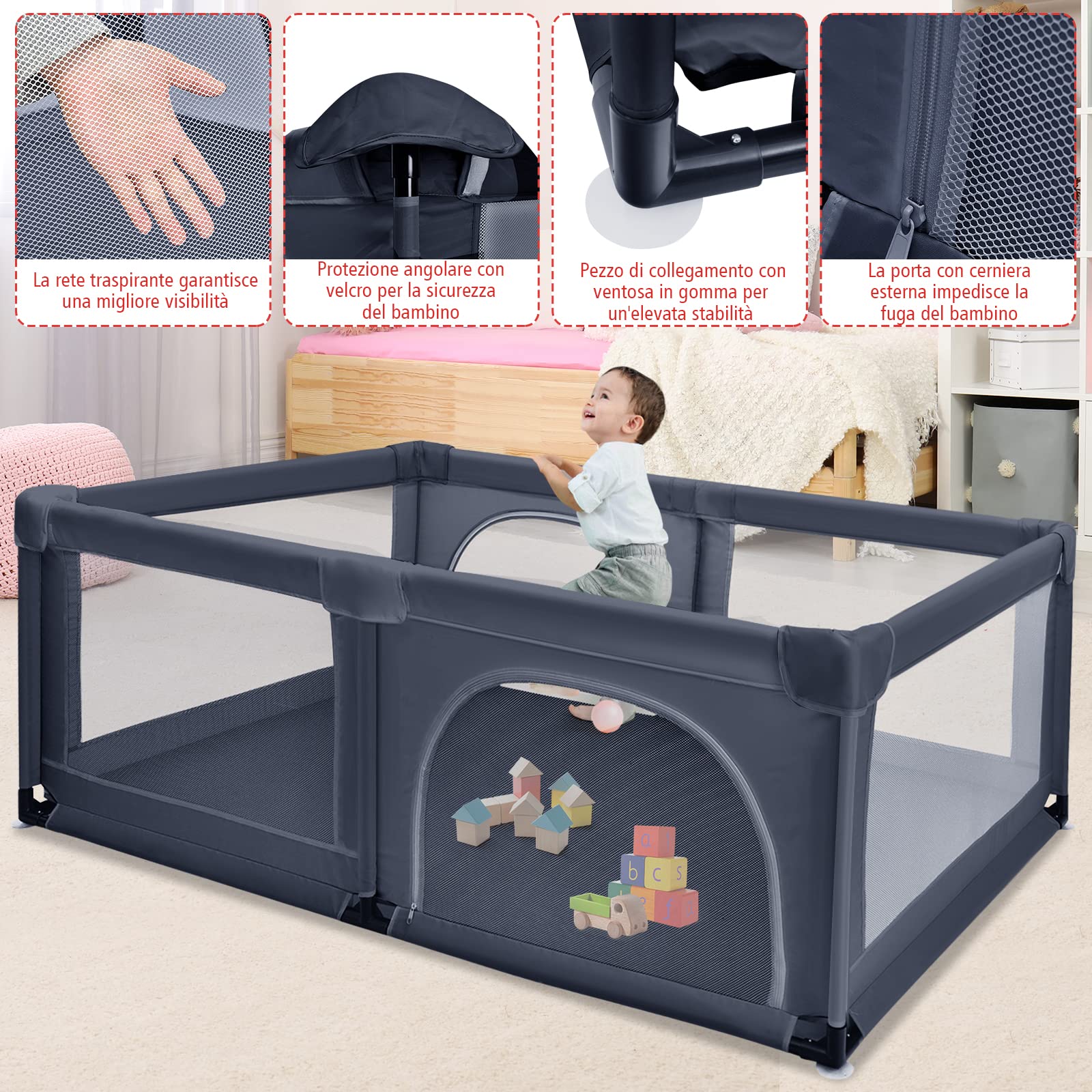 COSTWAY Box per Bambini, Centro Attività Portatile e Sicuro per Bambini, Box Colorato con Cancello, Recinto Extra per Interno ed Esterno con Rete Traspirante Durevole (Grigio scuro)