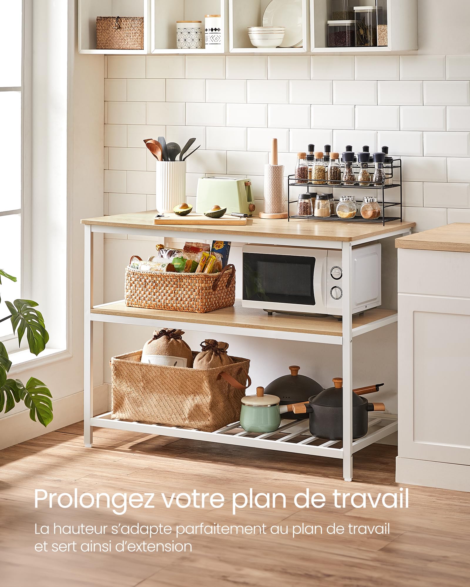 VASAGLE Îlot de Cuisine avec Grand Plan de Travail, Étagère de Cuisine à 3 Niveaux, Cadre en Acier, 60 x 120 x 90 cm, Style Moderne, Montage Facile, Couleur Chêne et Blanc KKI001W09