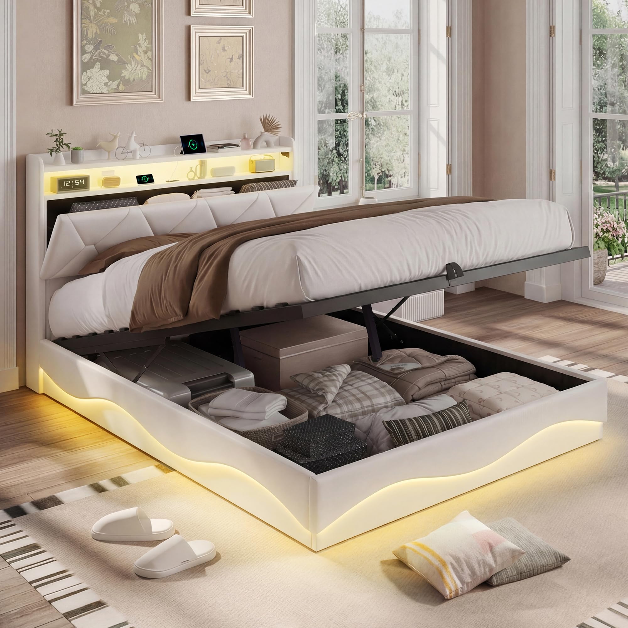 Cama con Caja Fuerte 160 x 200 cm con LED y puertos USB, camas dobles tapizadas con almacenamiento hidráulico, cabecero con estantes abiertos, camas para adultos y jóvenes, sin colchón (beige
