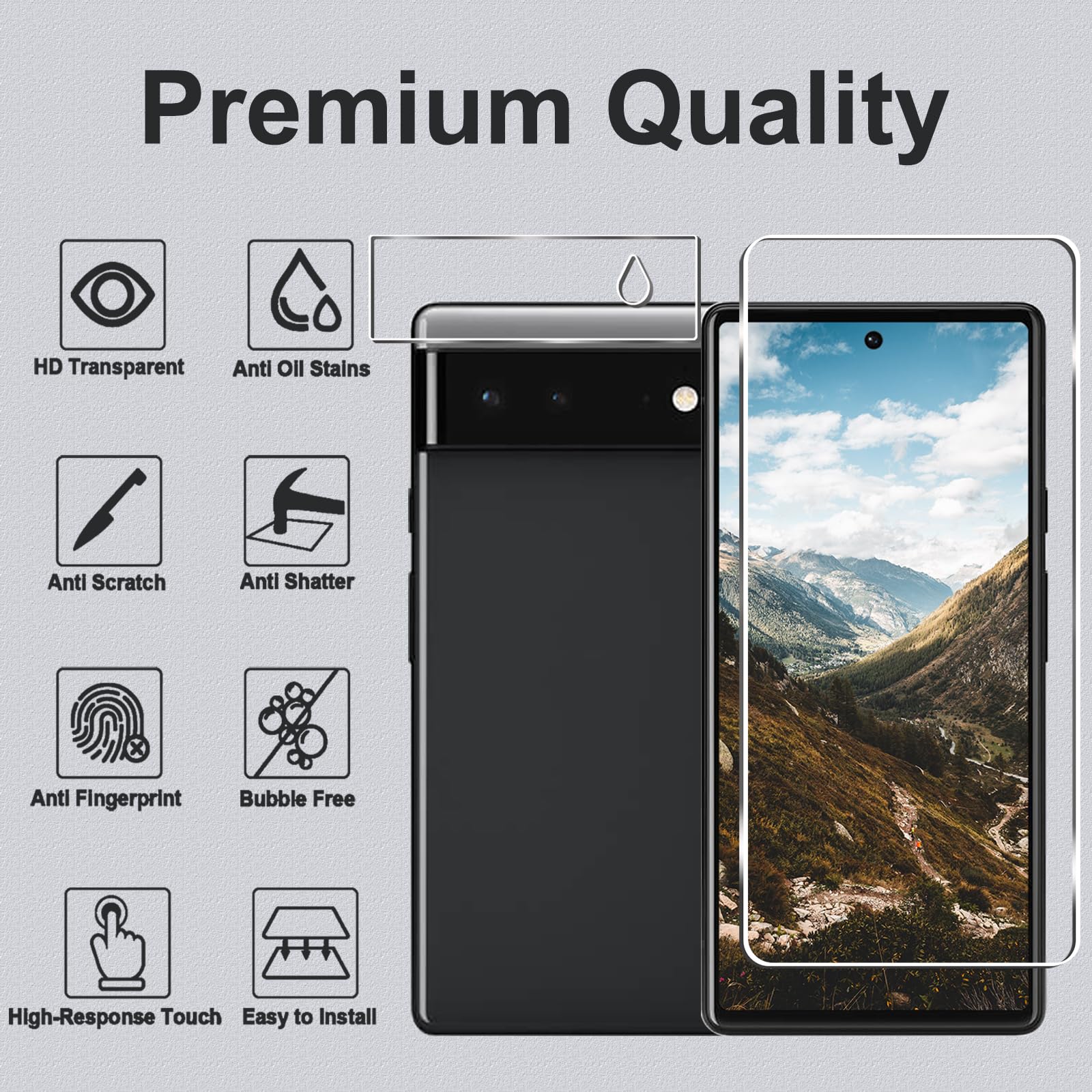 [3+3 sztuki] Ochraniacz ekranu Pixel 6 + osłona obiektywu aparatu, folia ze szkła hartowanego HD, odblokowywanie odcisków palców, odporna na zarysowania, łatwa instalacja, bez pęcherzyków powietrza
