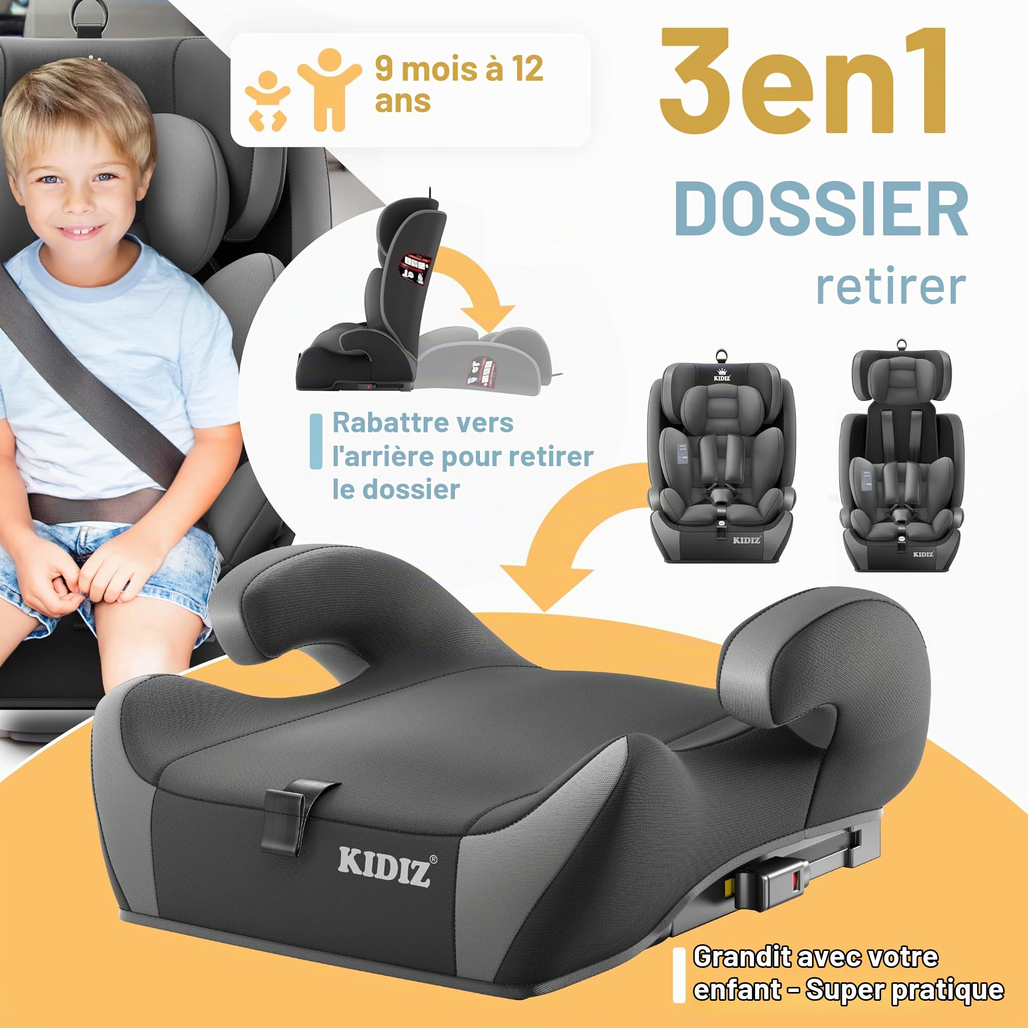 KIDIZ® Siège auto pour enfant avec Isofix i-Size R129 de 100 à 150 cm jusqu'à 12 ans, groupe 1/2/3, siège auto grandit, harnais 5 points et appuie-tête réglable en hauteur, gris
