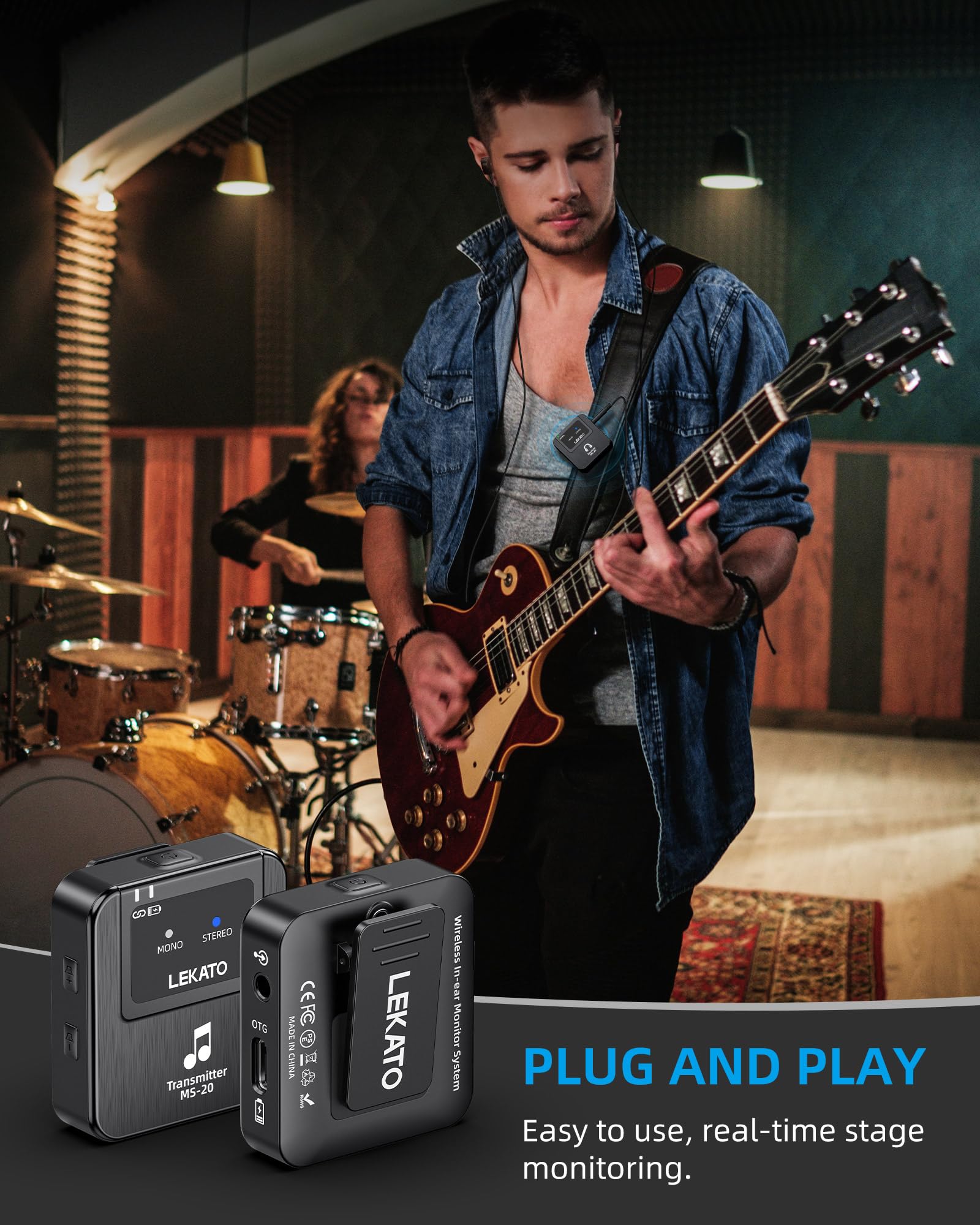 LEKATO Sistema di monitoraggio in-ear wireless, Sistema IEM stereo wireless professionale 2.4G con trasmettitore e ricevitore, OTG, adatto per prove di band, spettacoli dal vivo (1TX+1RX)