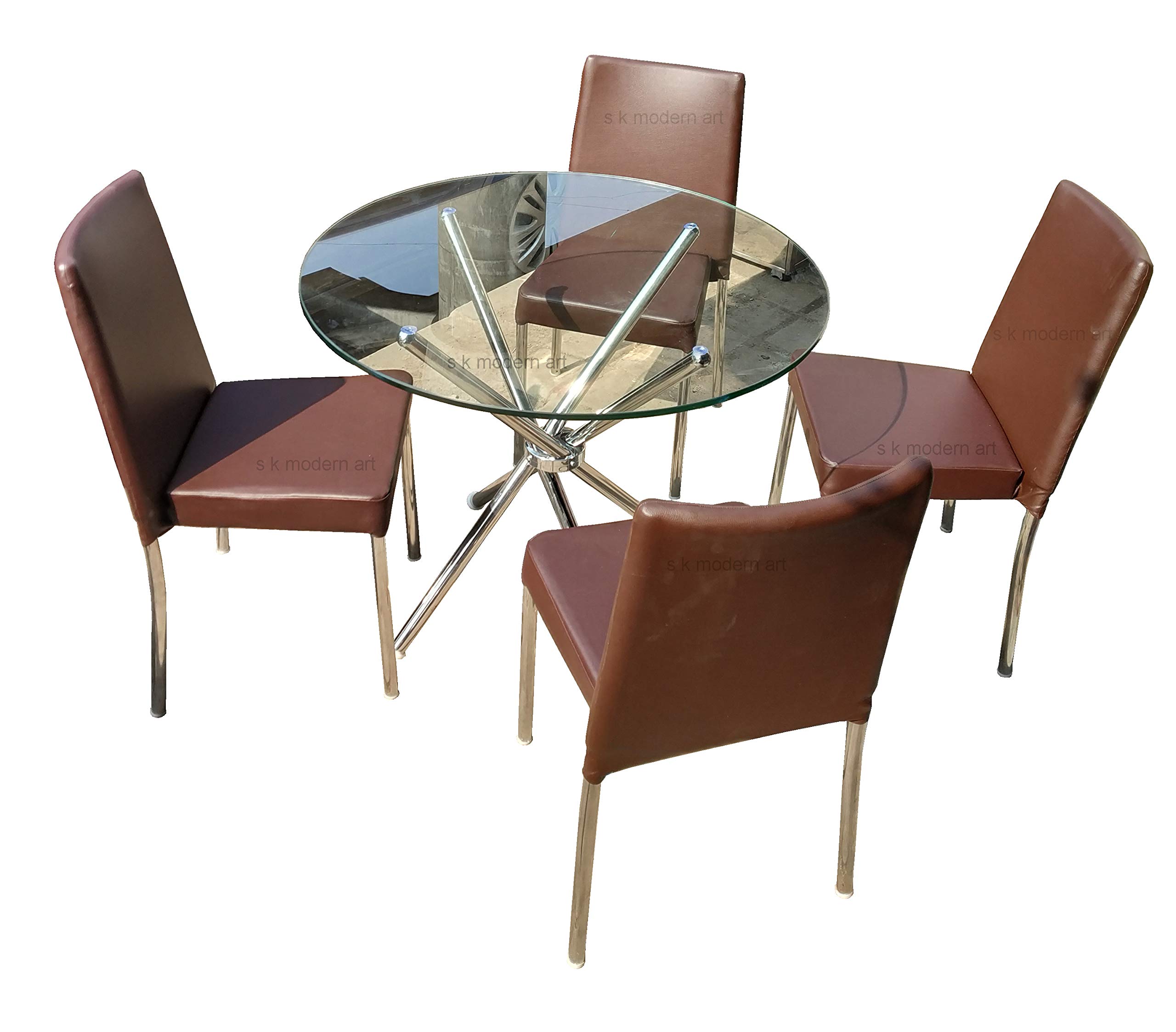 s k modern art Stainless Steel Folding Dining Table with 4 Chair Pure Steel (3' x 3' feet top Glass, Brown Leather Chair) 1
