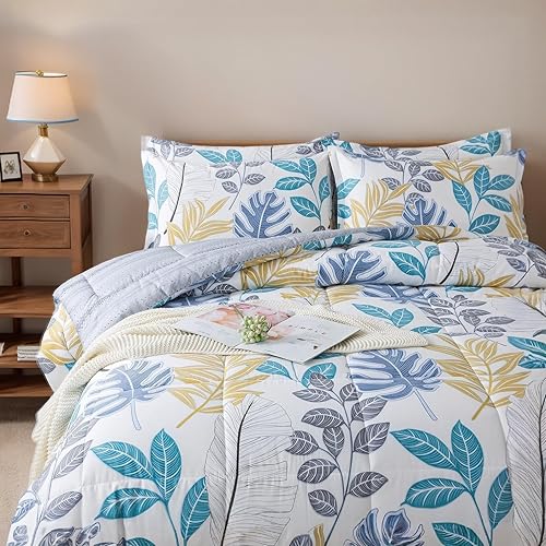 Miniatura 3 de Lemfux Juego de edredón de verano delgado de estilo tropical 100% algodón, diseño de hojas de palma, edredón blanco ultraligero, estampado botánico,