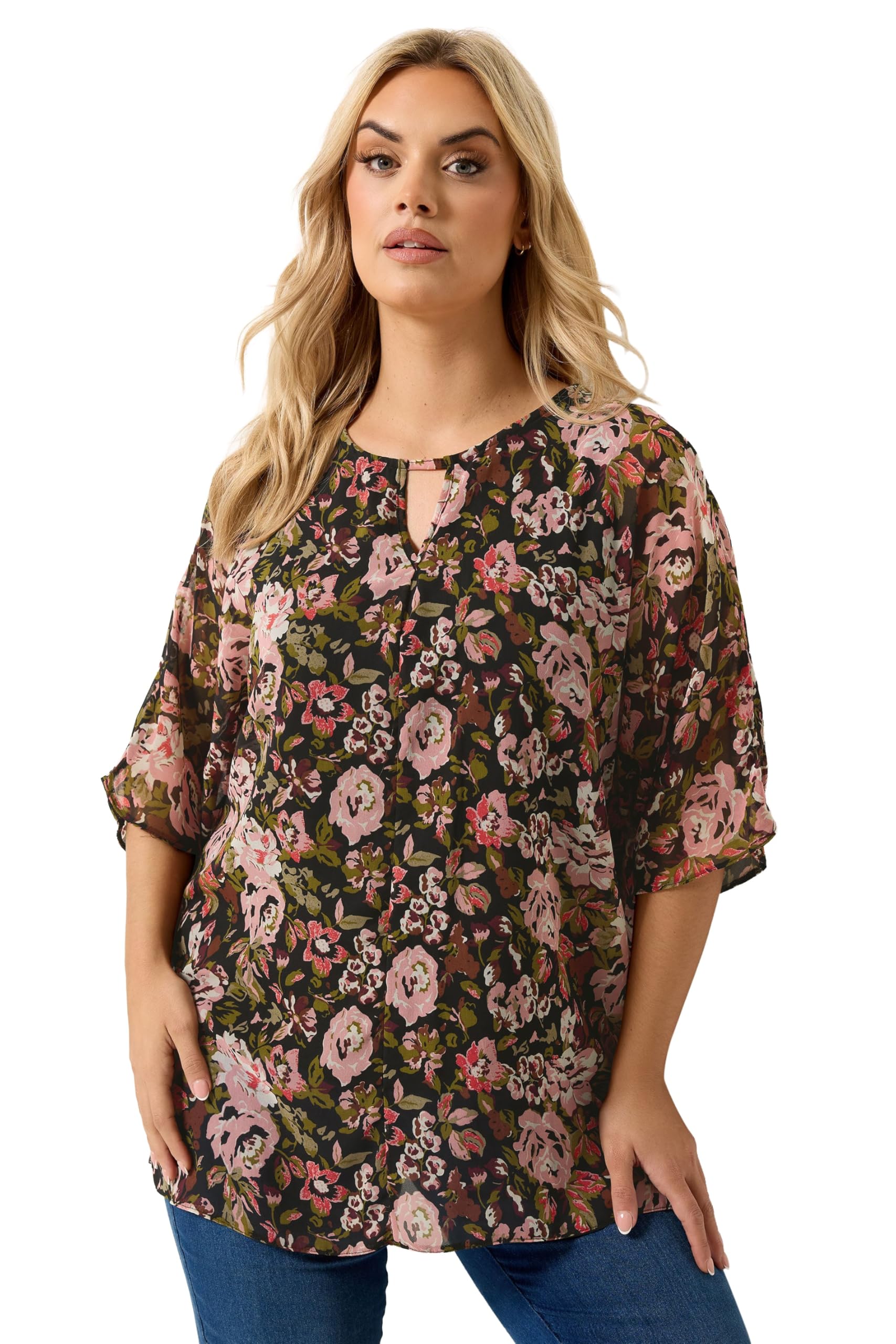 Yours Women's Black Curve Floral Print Keyhole Detail Top - Plus Size Curve