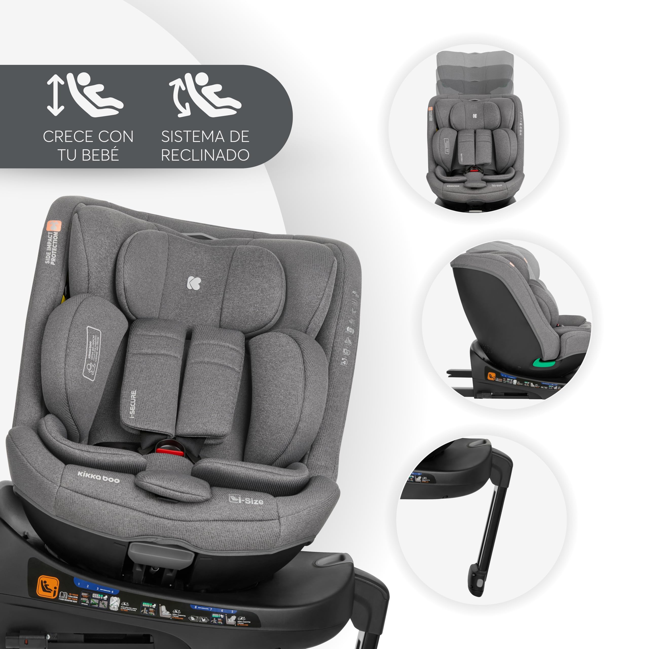 KikkaBoo Silla Coche Bebe Grupo 0 1 2 3 ISOFIX (0-36 kg) i-SECURE, Giratoria 360°, Reclinable, Protección SPS i-Size, Lateral, Arnés de 5 Puntos, 12 Posiciones Reposacabezas, Gris Claro