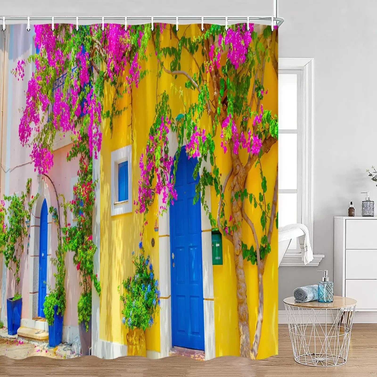 Rideau de douche vue méditerranéenne vintage en tissu 150x175cm