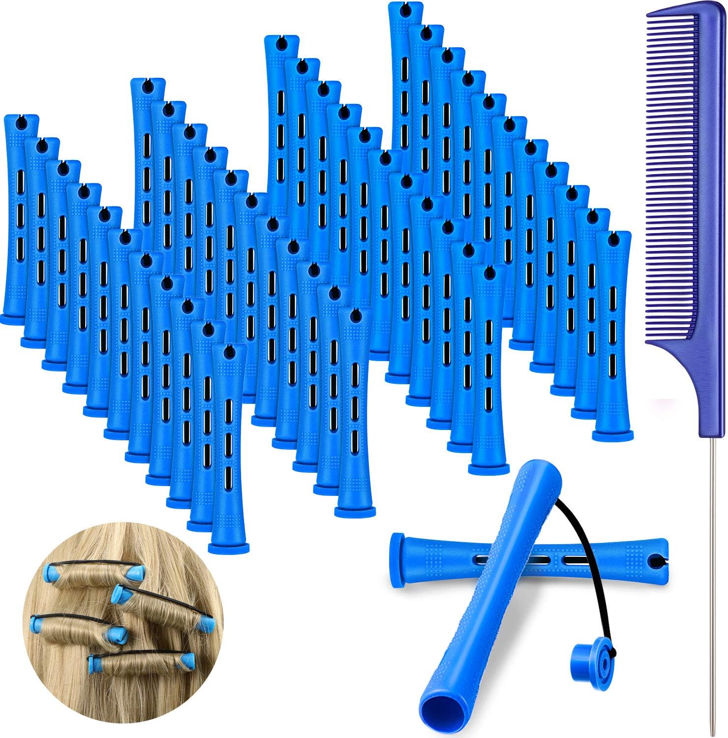 48 Pieces Hair Perm Rods Short Cold Wave Rods Plastic Perming Irons Hair Curling Rollers Curlers with Steel Pintail Comb Rat Tail Comb for Hairdressing Styling Supplies(0.35 Inch,Blue and Dark Blue)