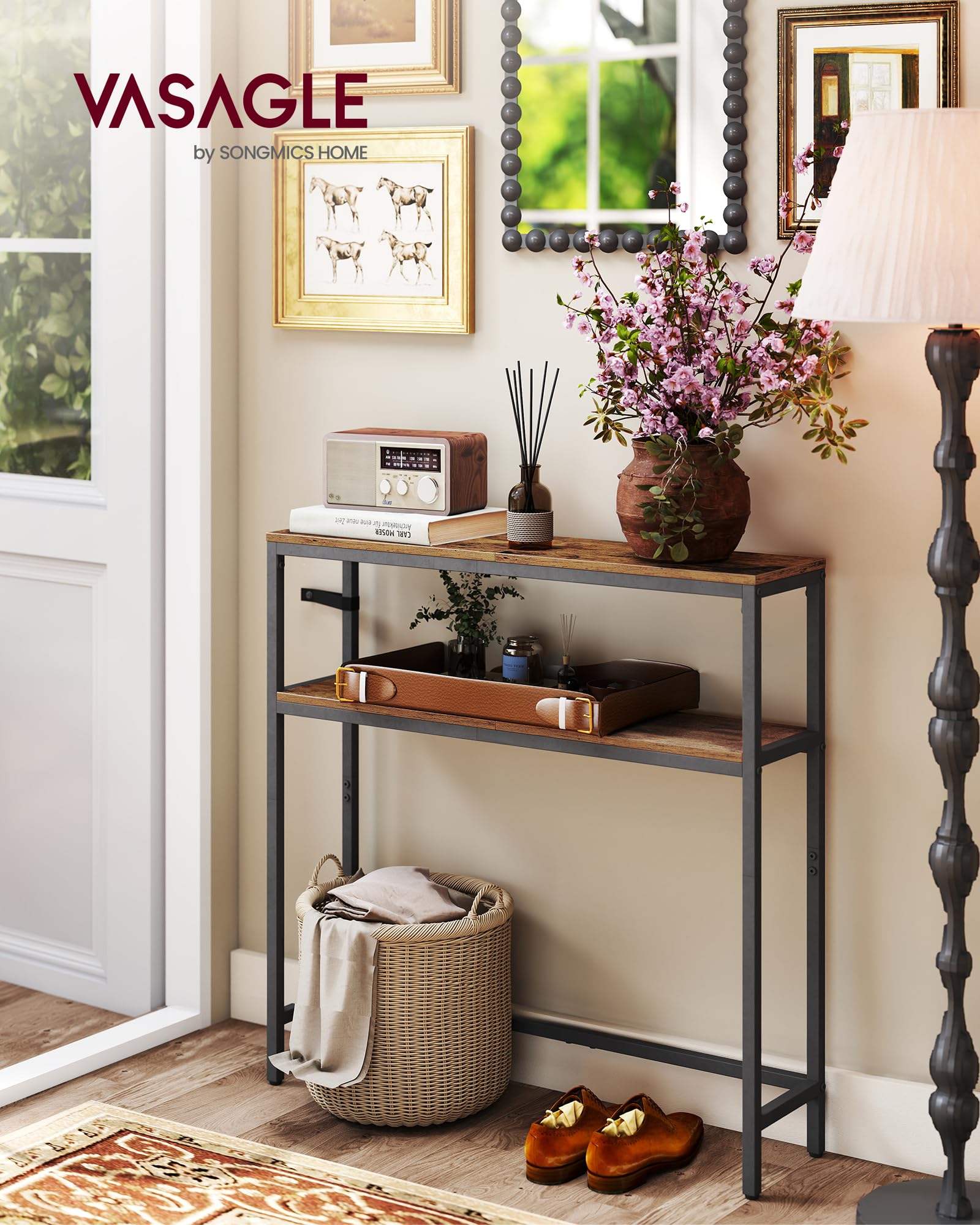 VASAGLE Console pour Couloir, Table de Salon Fine à 2 Niveaux, Table d’Appoint avec 2 Étagères, 20 x 80 x 80 cm, pour Salon, Couloir, Entrée, Marron Rustique et Noir d'encre LNT130K01V1