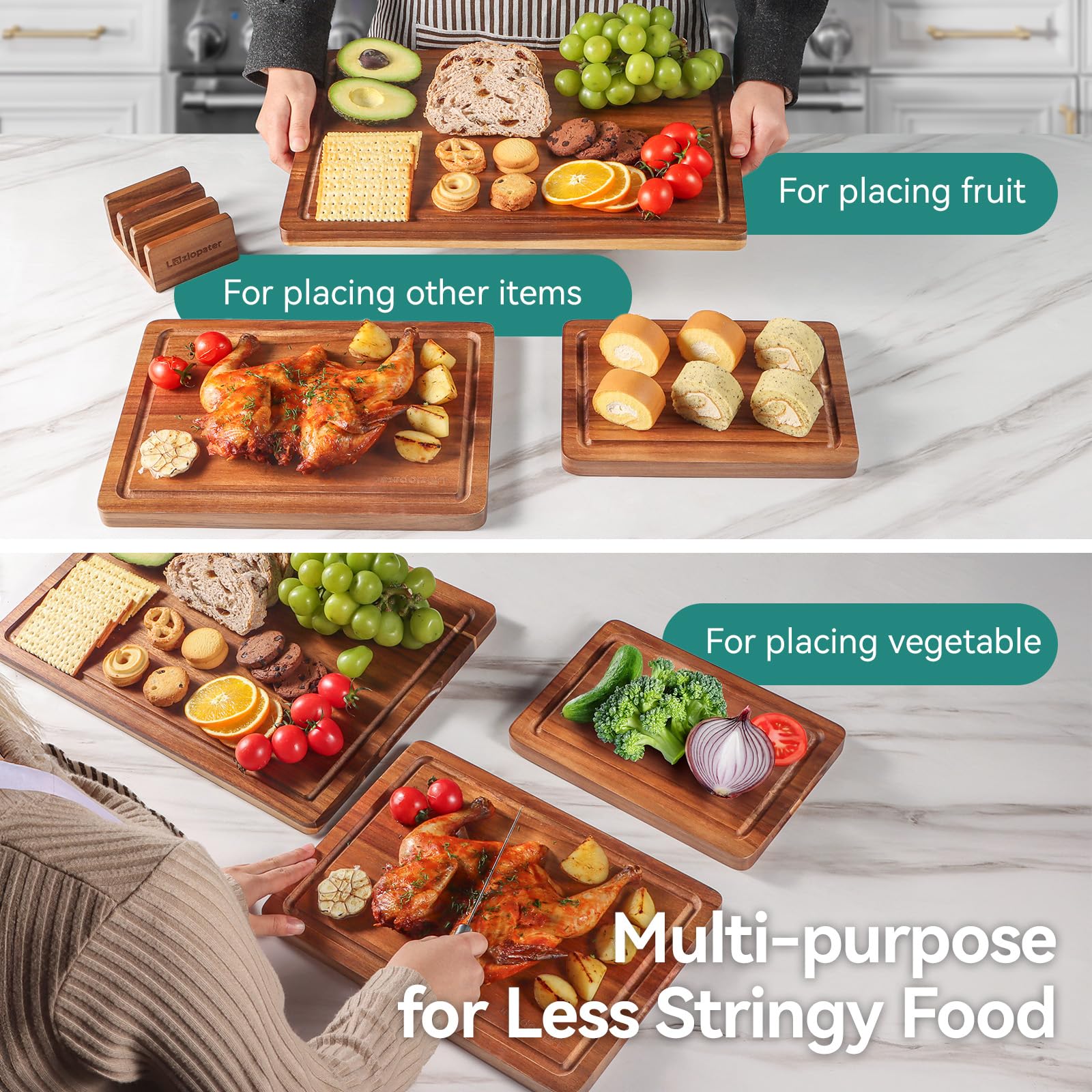 Tabla de cortar de madera de acacia, juego de 3 tablas de cortar de madera maciza con soporte con ranuras profundas para jugo y asas integradas, tabla de cortar de madera duradera para cocina para