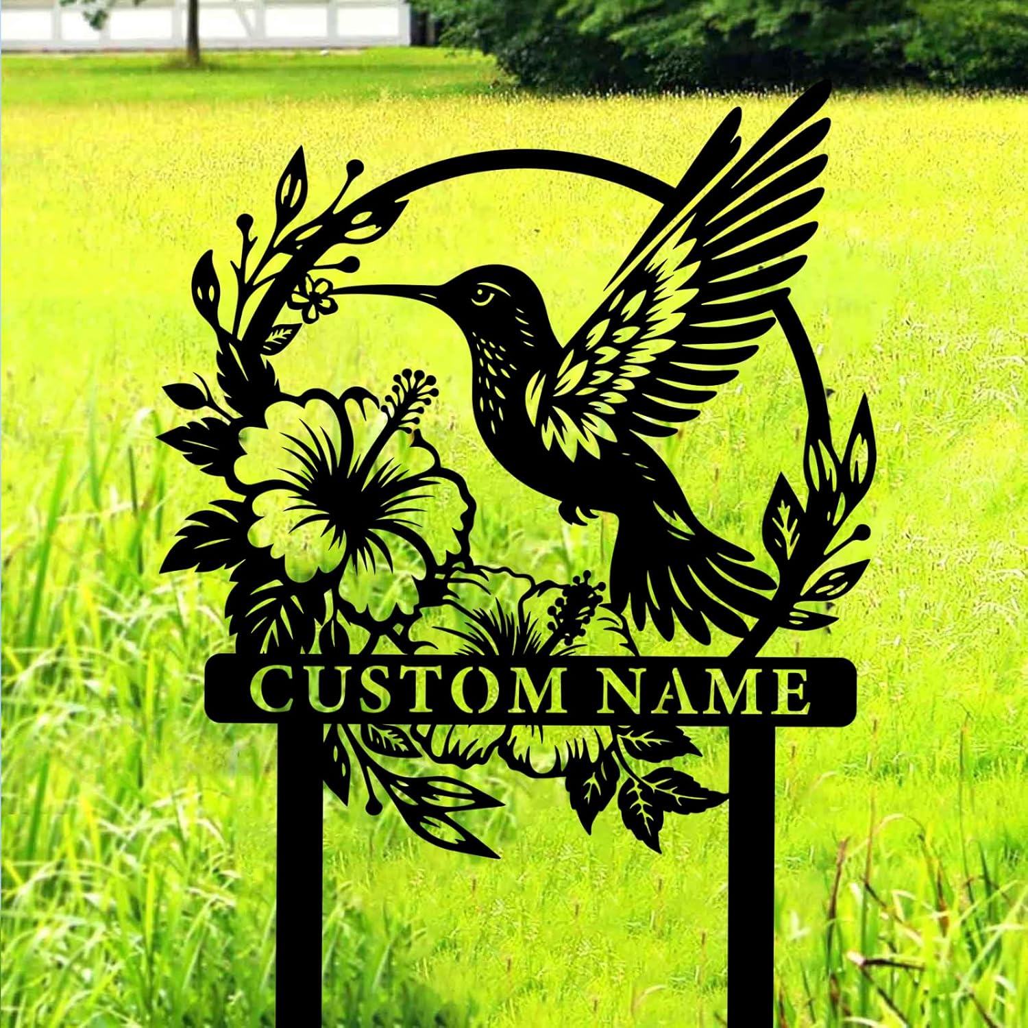 Custom Hummingbird Metal Garden Decor, Personalized Name Garden Stake, Hummingbird Stake, Metal Yard Garden Name Sign, Garden Decor Art, 12 inches, Black-b