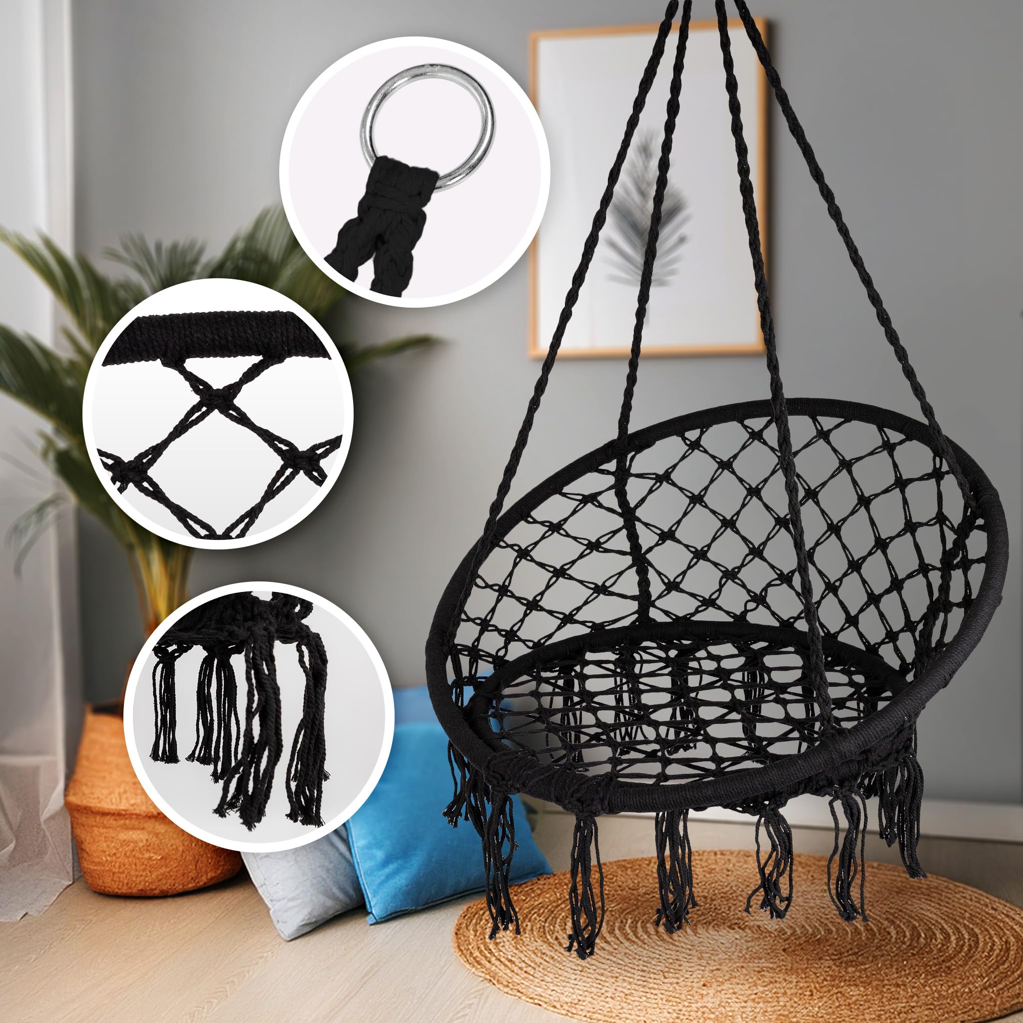 Poltrona Sospesa Boho Corda Macramè Nera 150 kg Seduta Ergonomica Sedia Amaca Rotazione 360°