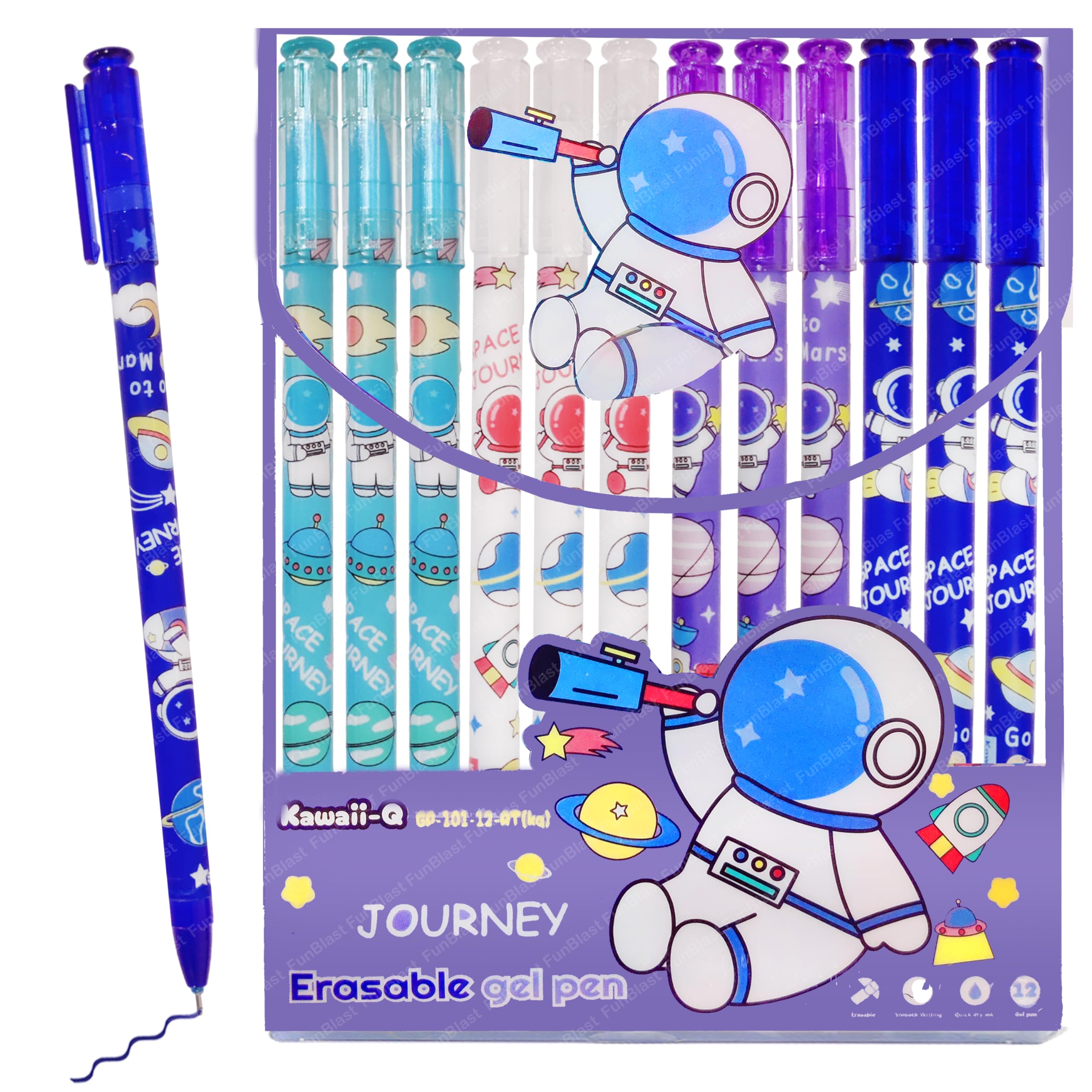 FunBlast Erasable Gel Pens, Pack of 12 Pcs Erasable Pens 0.5 mm, Space Theme Smooth Writing Gel Pen, Pen with Magic Eraser, Birthday Return Gifts for Kids - Blue Ink
