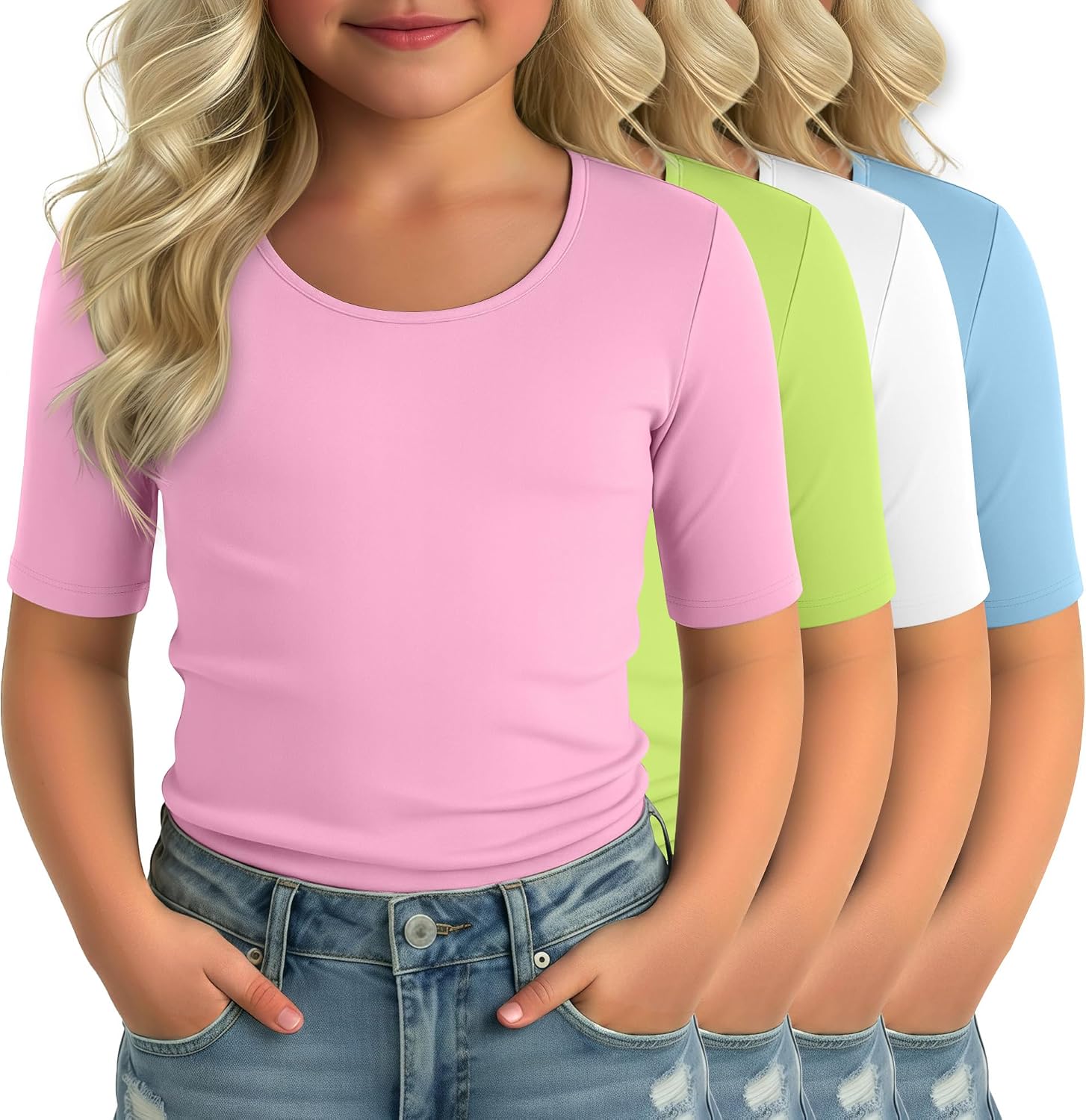 4 Pack Toddler Girls Half Sleeve Shirts 18M-5Y Scoop Neck Elbow Length Tops Baby Slim Fit U Neck Summer Basic Tee