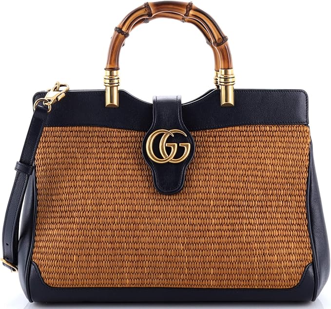 Gucci Dahlia Bamboo Top Handle Tote Straw and Leather Medium, Blue Gucci Dahlia Bamboo Top Handle Tote Straw and Leather Medium, Blue