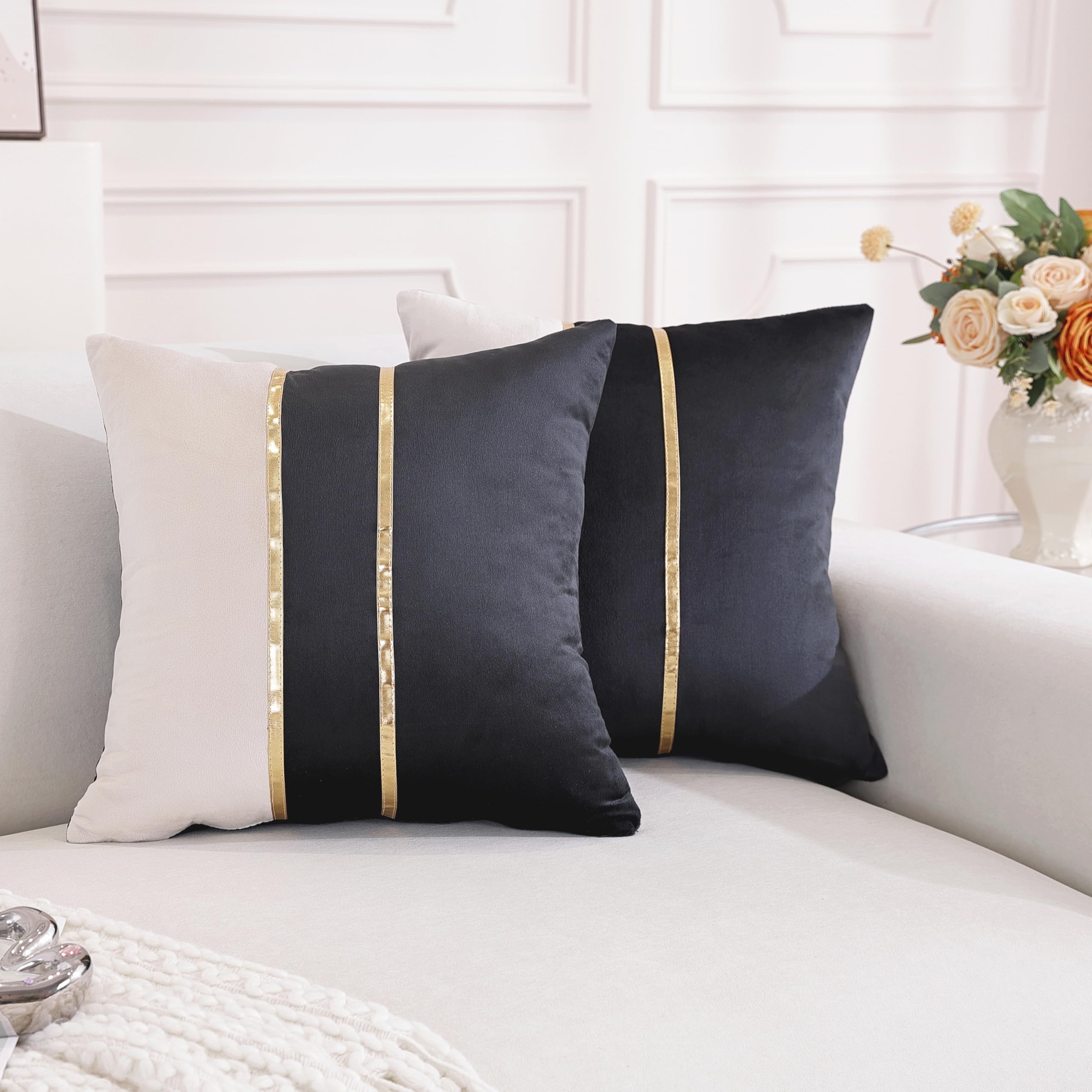 TAOSON Velvet Throw Pillow Covers,Pack of 2 Soft Decorative Cushion Covers Cases Black Beige Patchwork with Gold Leather for Sofa Bedroom Livingroom Car, 24 x 24 Inch