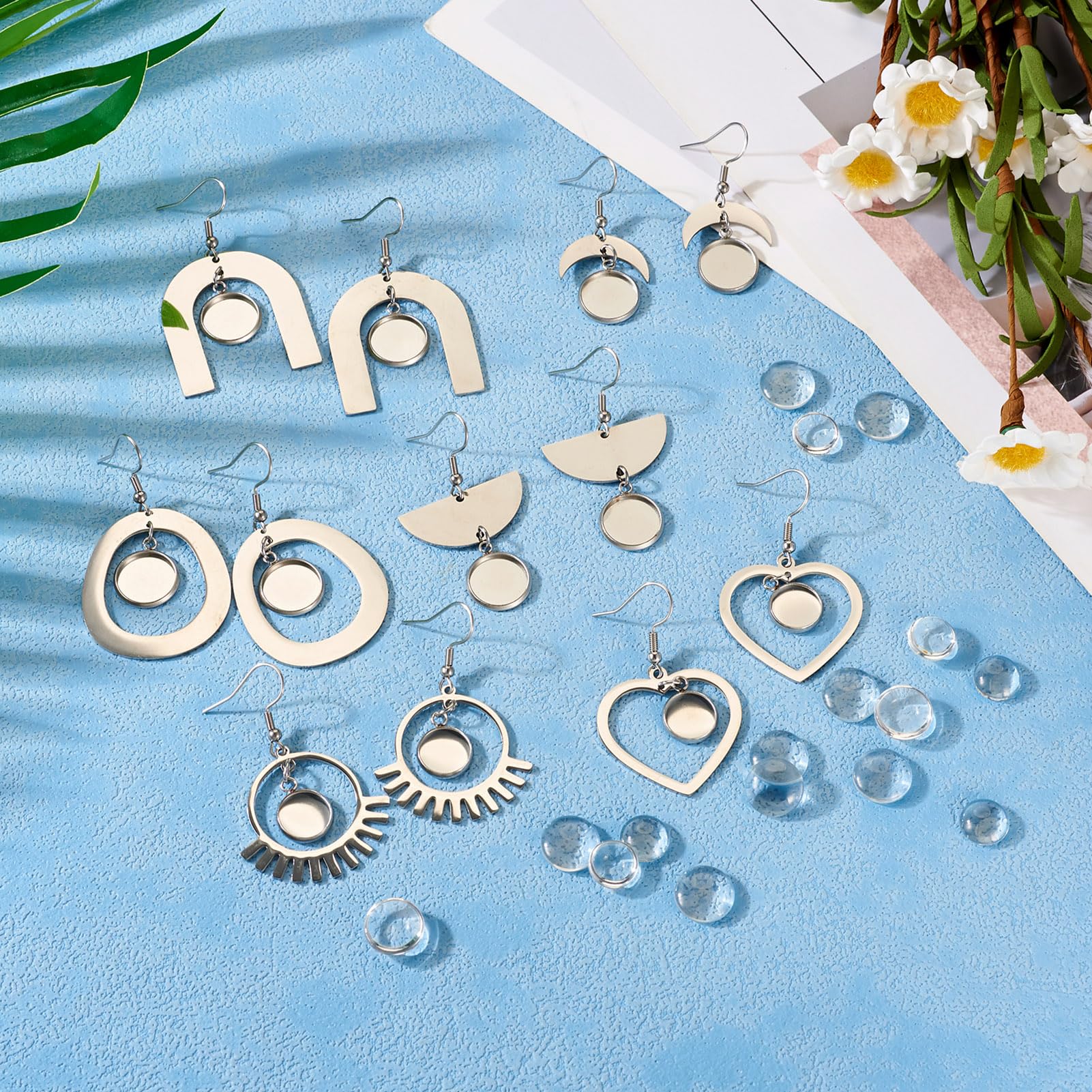 FASHEWELRY 28Pcs Stainless Steel Earring Bezel Blanks Wire Hooks Trays Fan Heart Horn Dangle Cabochons DIY Dome Making