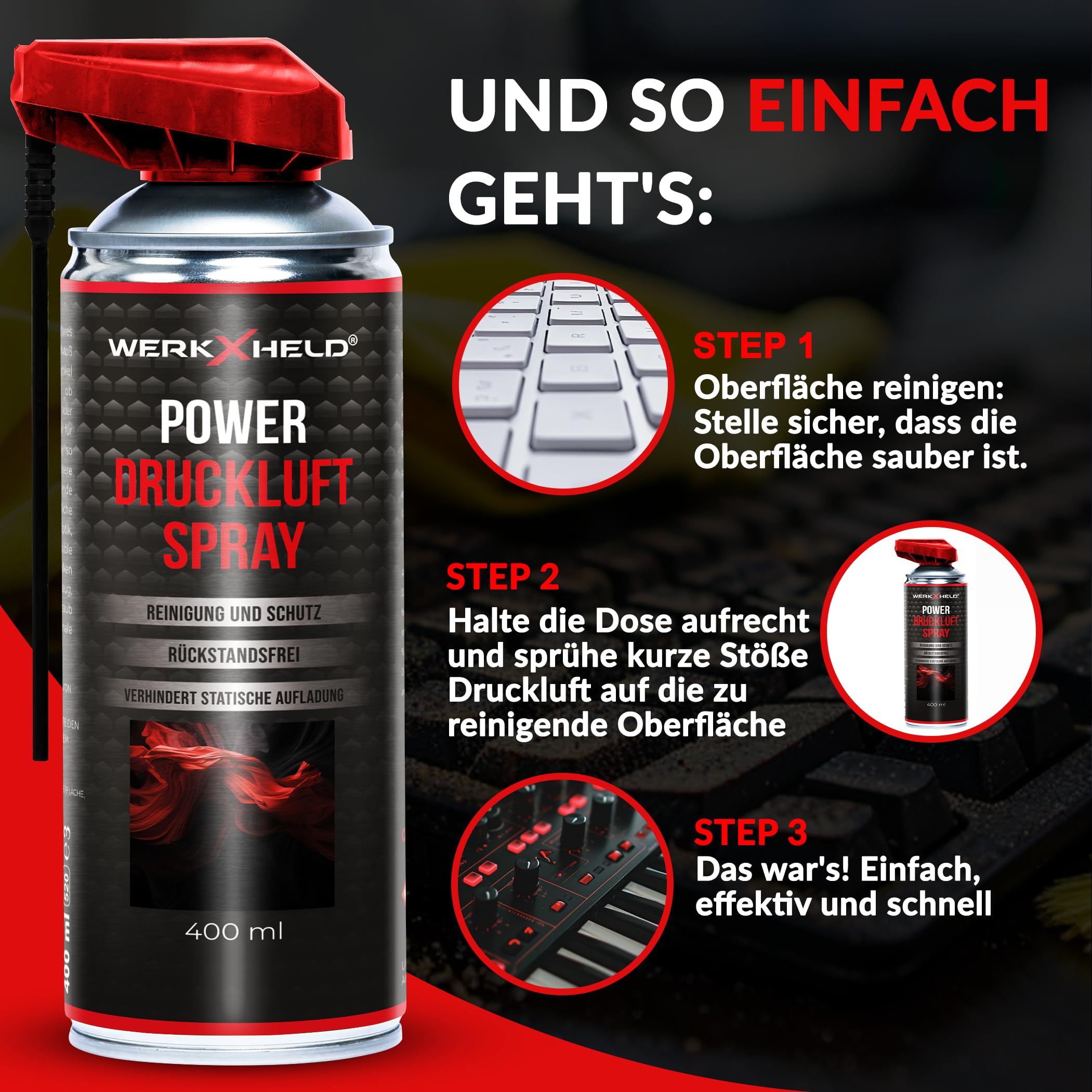 Druckluftspray für Elektronikreinigung - Air Duster mit 100mm Verlängerung - Compressed Air Dose - Staubentfernung für PC, Tastatur, Kamera