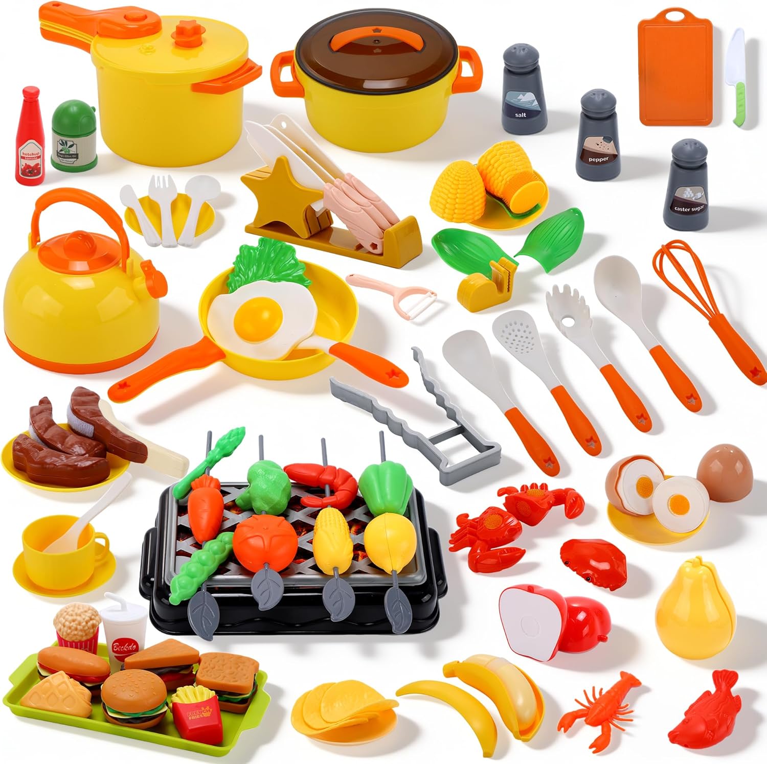 CUTE STONE Toy Kitchen Accessories, Cookware Toys with Pretend BBQ Grill & Play Food Set, Kids Kitchen Toys with Play Pots & Pans, Pretend Play Kitchen Learning Gift for Girls Boys