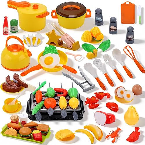 CUTE STONE Toy Kitchen Accessories, Cookware Toys with Pretend BBQ Grill & Play Food Set, Kids Kitchen Toys with Play Pots & Pans, Pretend Play