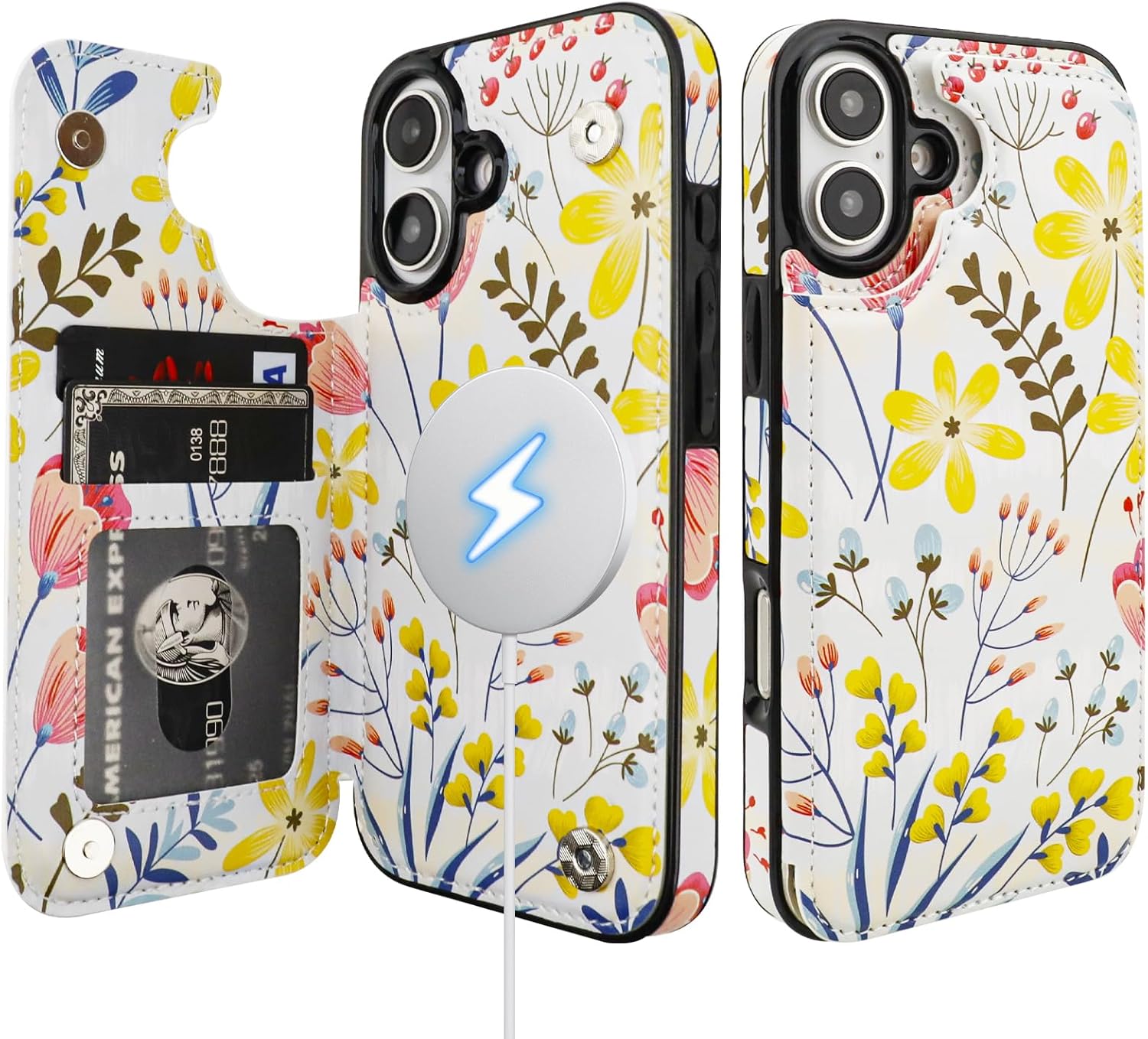 HAOPINSH for iPhone 16 Case Wallet Compatible with MagSafe Wireless Charging, Floral Flower Pattern Back Flip Folio RFID Blocking Leather Kickstand Card Slots Case Double Magnetic Clasp 6.1"