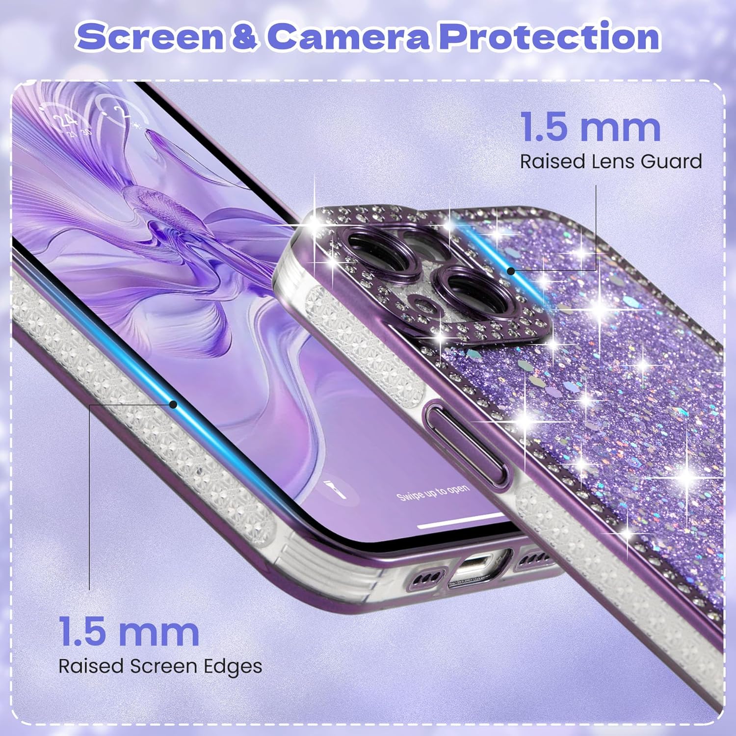 FABSPARK Case for iPhone 16 Pro,Glitter Crystal Diamond Rhinestones Sequin Shiny Bling Sparkly Glossy Luxury Electroplated Case,Aesthetic Cute Full Protection for iPhone 16 Pro,Purple - Image 3