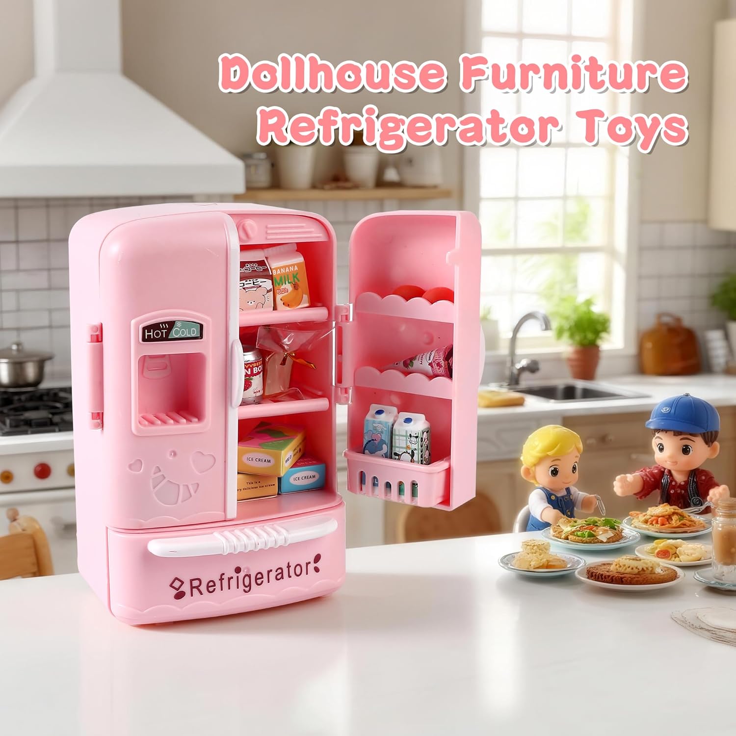 Dollhouse Mini Refrigerator Furniture, Essential Kitchen Accessory for Dollhouse, Compatible with Mini Foods, Kids' Playhouse Decor