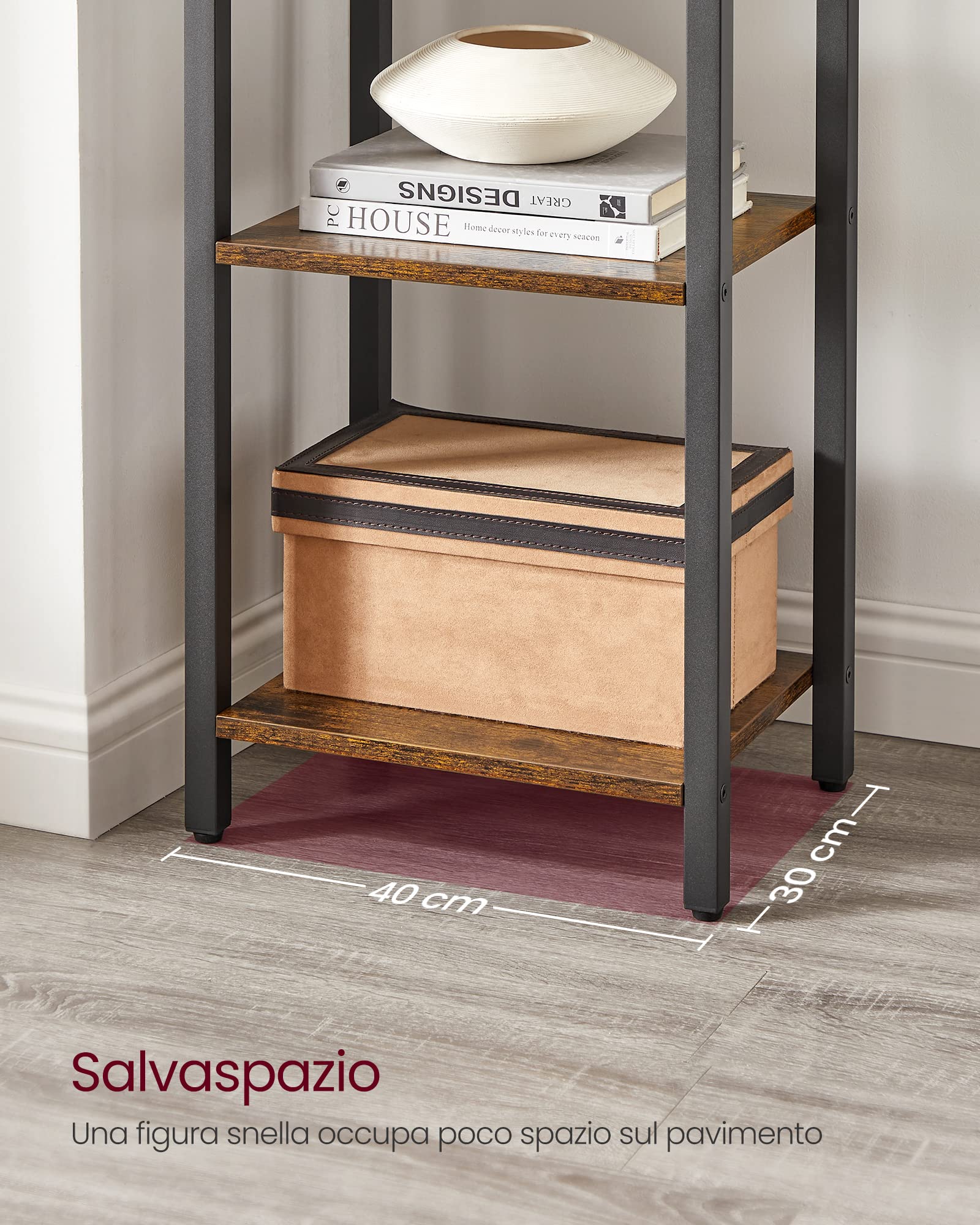 VASAGLE Scaffale a 6 Ripiani, Libreria per Ufficio, Studio, Soggiorno, Camera da Letto, 30 x 40 x 186 cm, Stile Industriale, Marrone Vintage e Nero Inchiostro LLS101B01