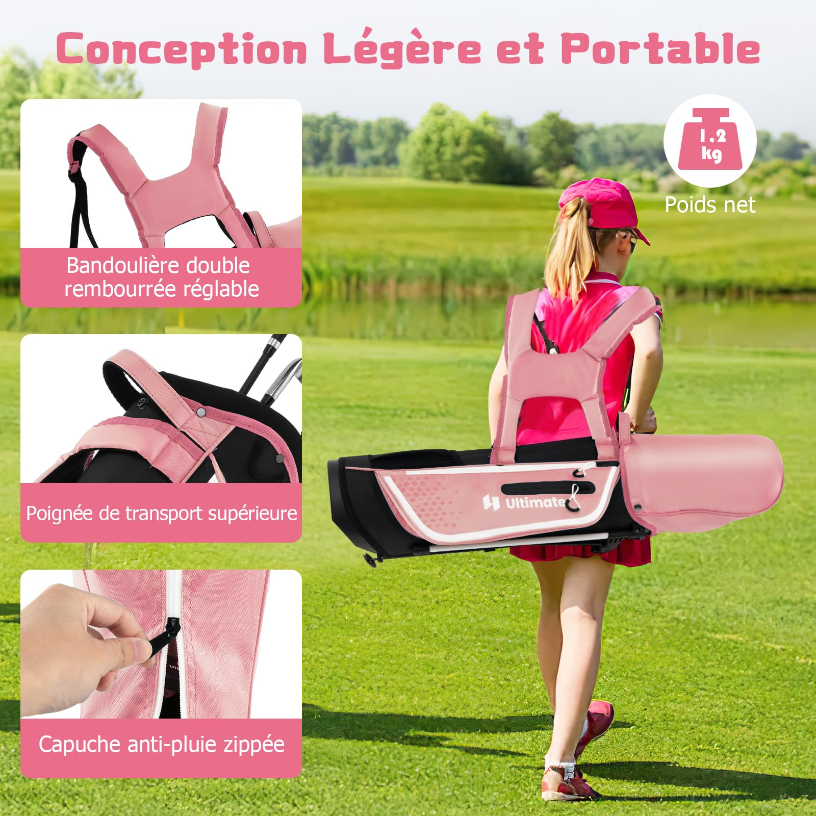 GYMAX Ensemble de Clubs de Golf pour Enfants, Sac de Golf avec Support Droit, Fairway n°3 avec Couvre-Club, Fers n°7 et #S, Putter, Capuche Anti-Pluie, pour Garçons et Filles 5 à 7 Ans