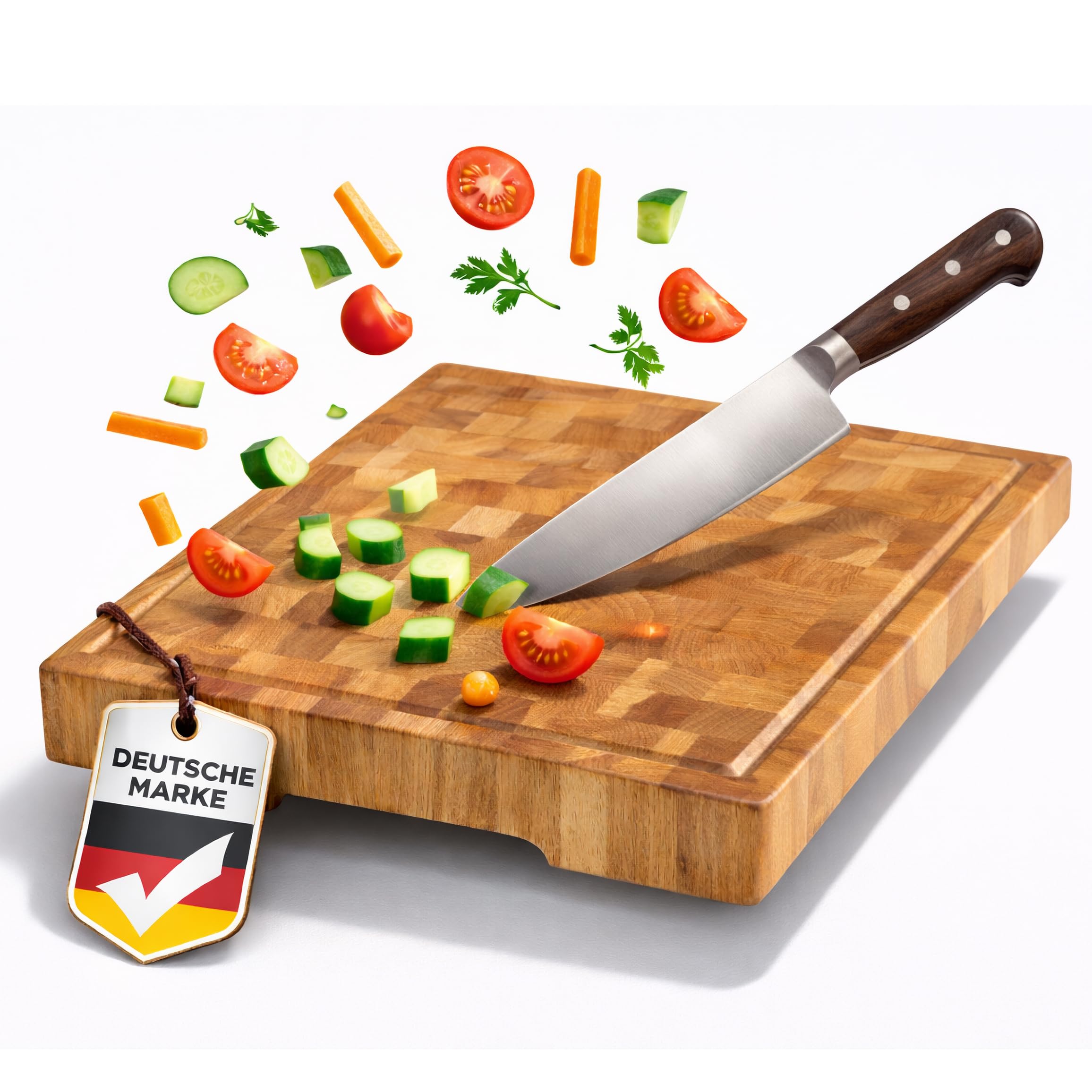 Schneidebrett Eiche Stirnholz 40×30×4 cm – Profi Holzschneidebrett mit Saftrille & Antirutsch-Füße – Klingenschonend – Massives å Küchenbrett aus Eichenholz – Deutsche Marke