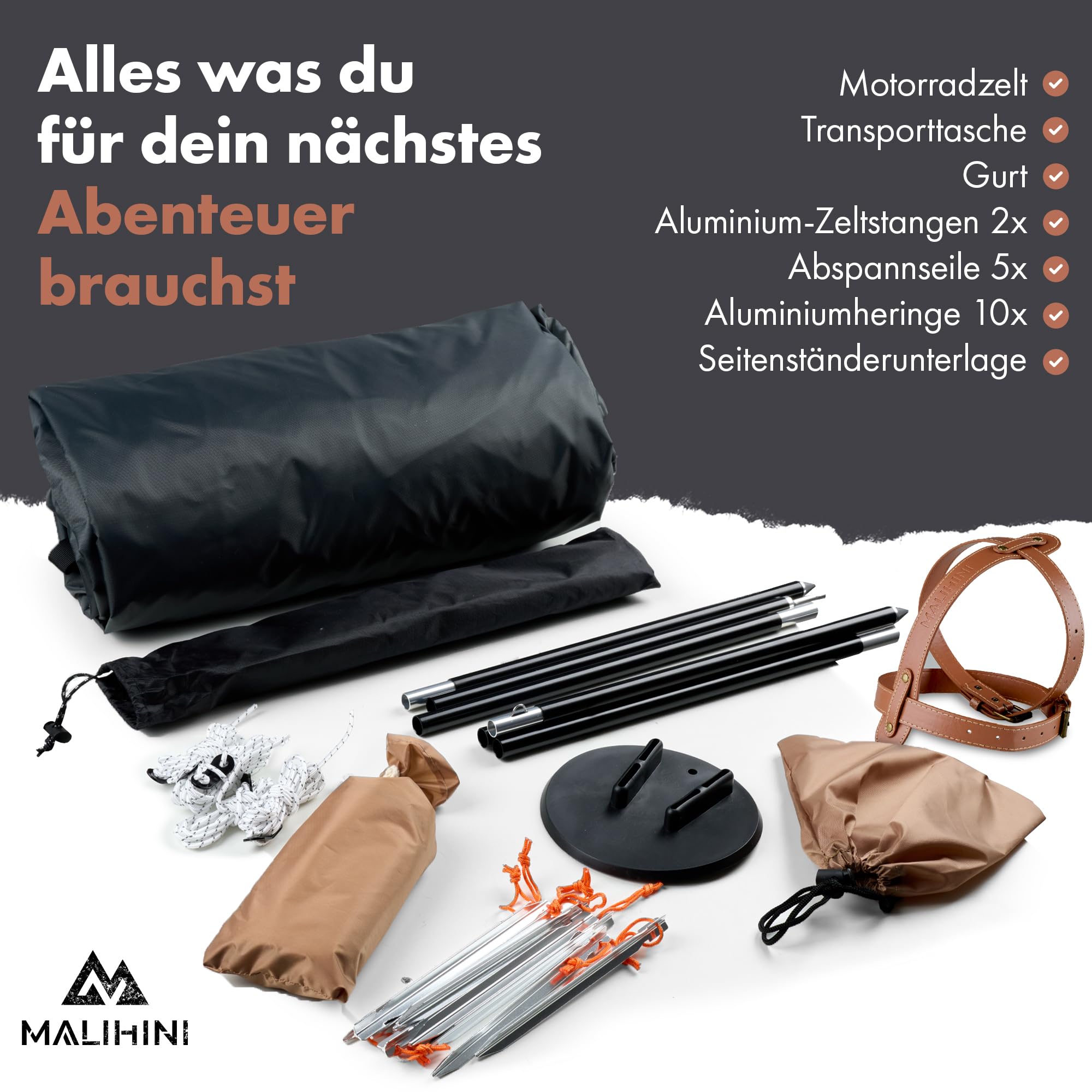 MALIHINI Tenda per moto [tenda per 1 persona], ultraleggera e compatta, impermeabile, per motociclisti e come telone per moto, tenda da motociclista con dimensioni compatte, per ciclismo e campeggio