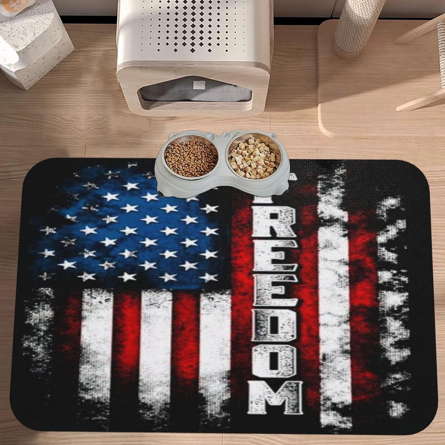 American Flag Pet Feeding Mat-Absorbent Quick Dry Pet Cat Dog Food Mat Non Slip Waterproof Rubber Dish Placemat